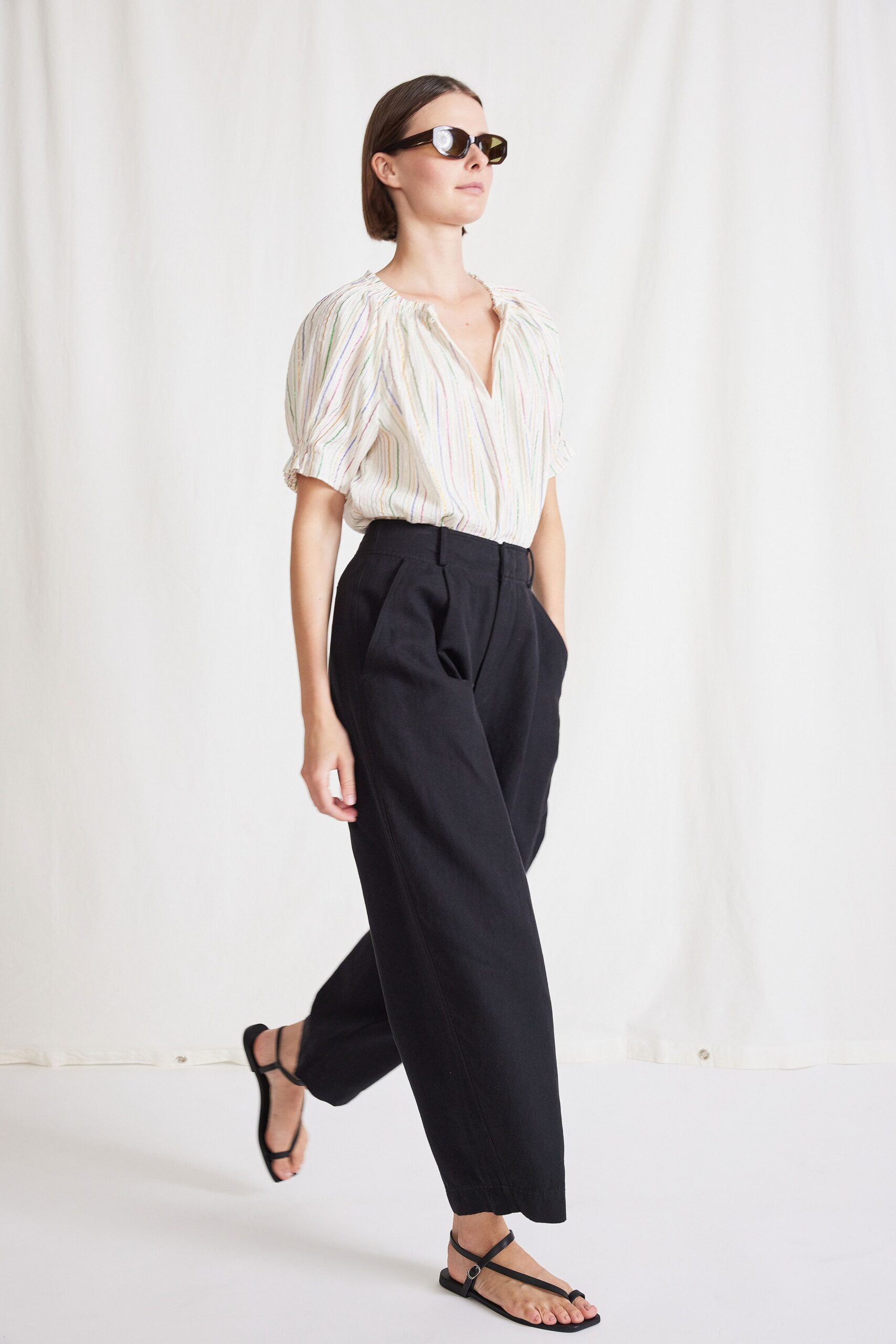 relaxed striped blouse and wide-leg pants
