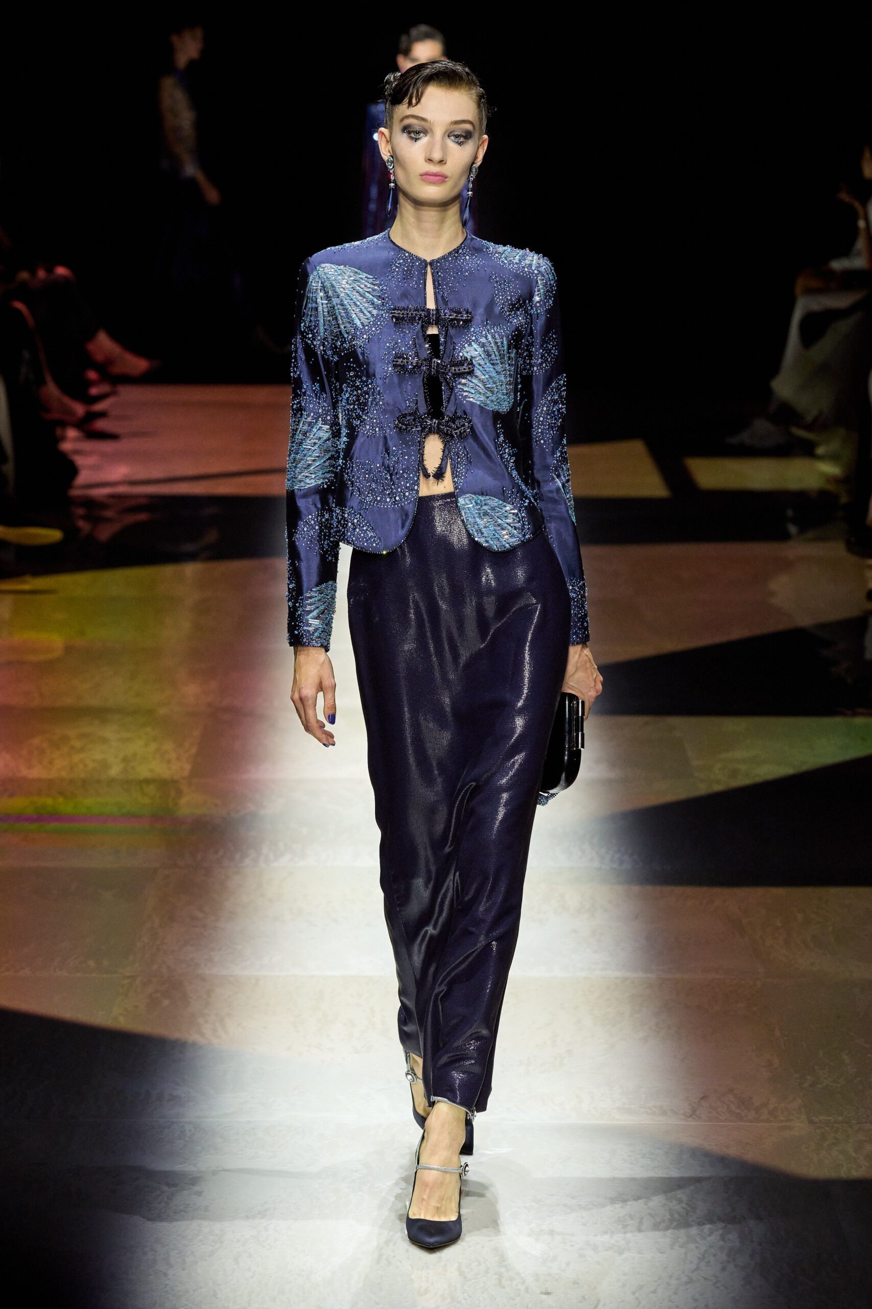 blue silk fitted jacket and pants