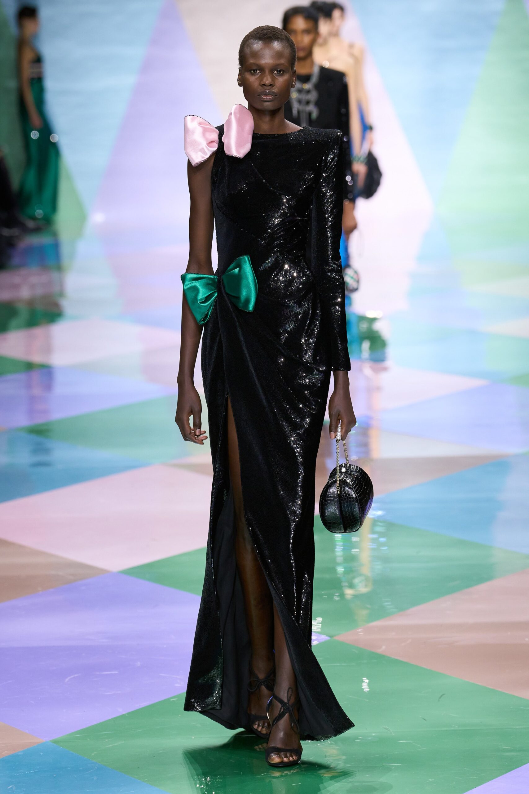 fitted black silk gown