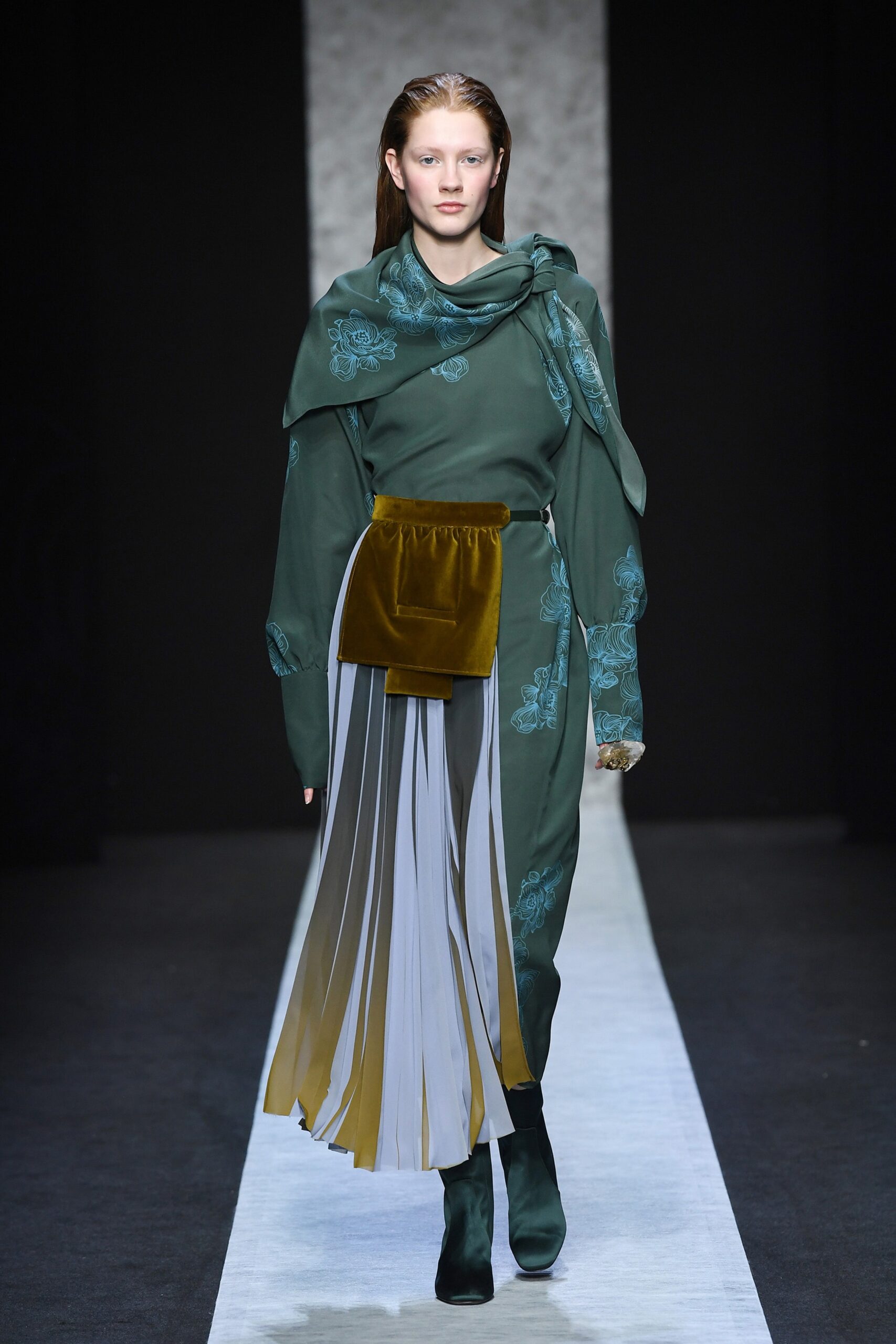 green pleated embroidered dress