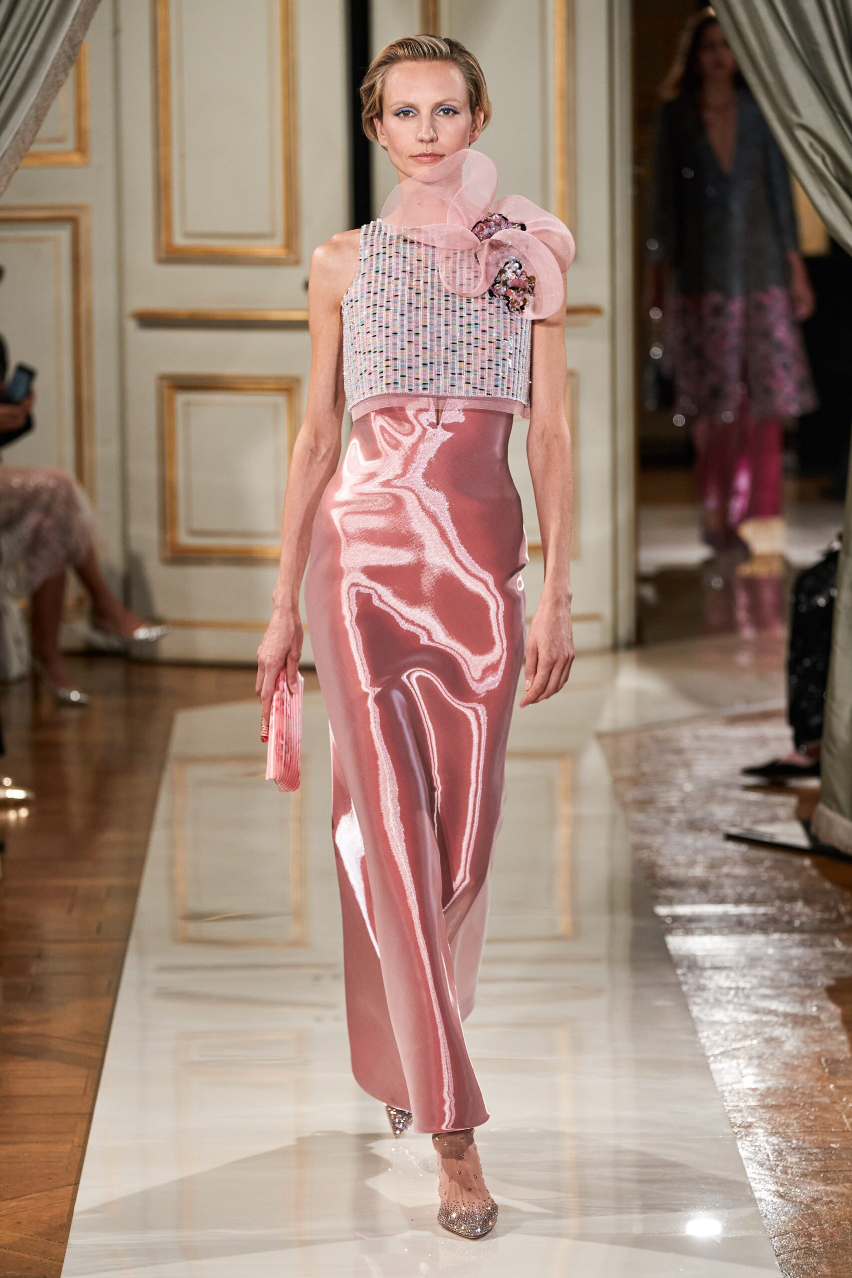 pink silk fitted midi dress