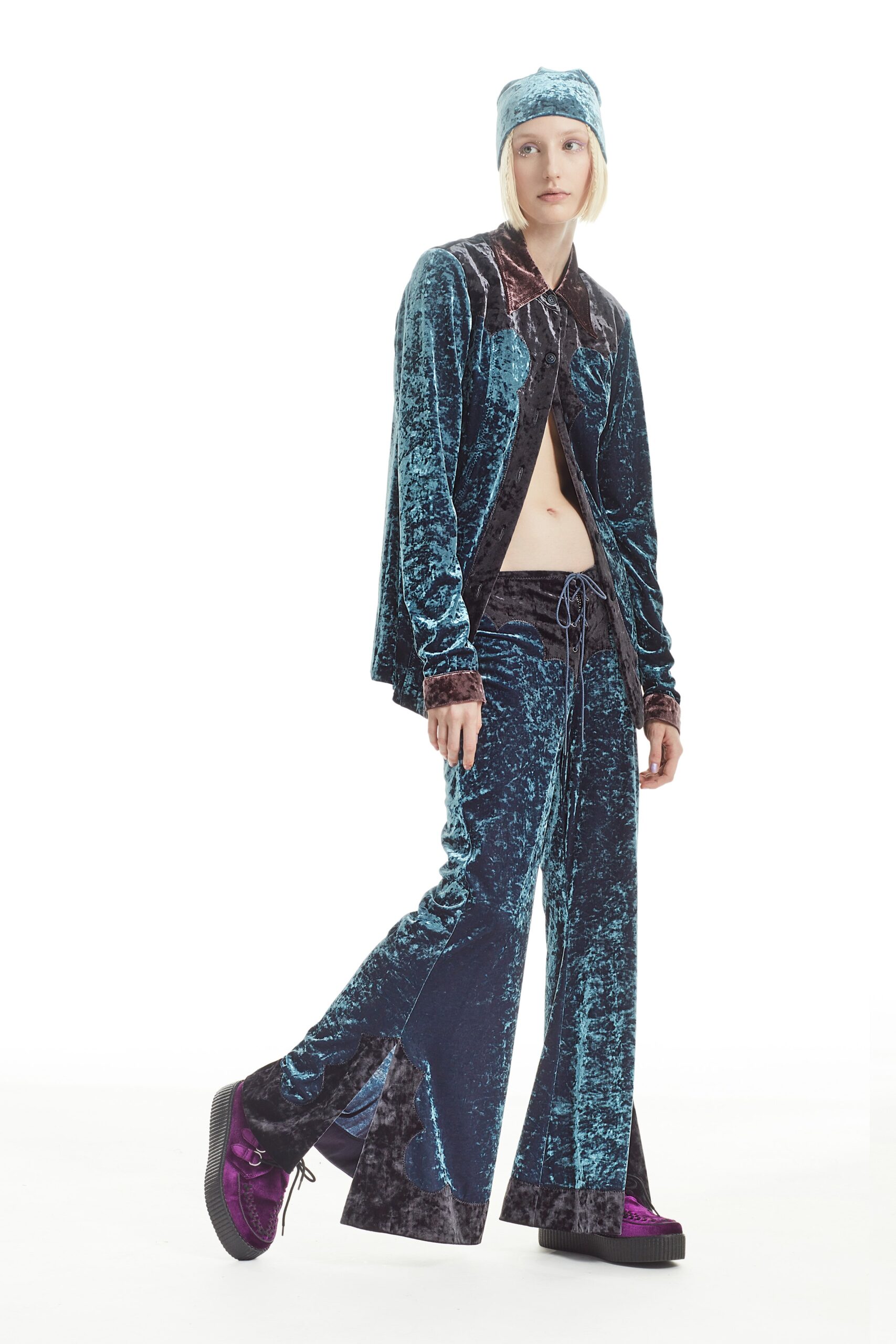 blue velvet relaxed flared shiny pants