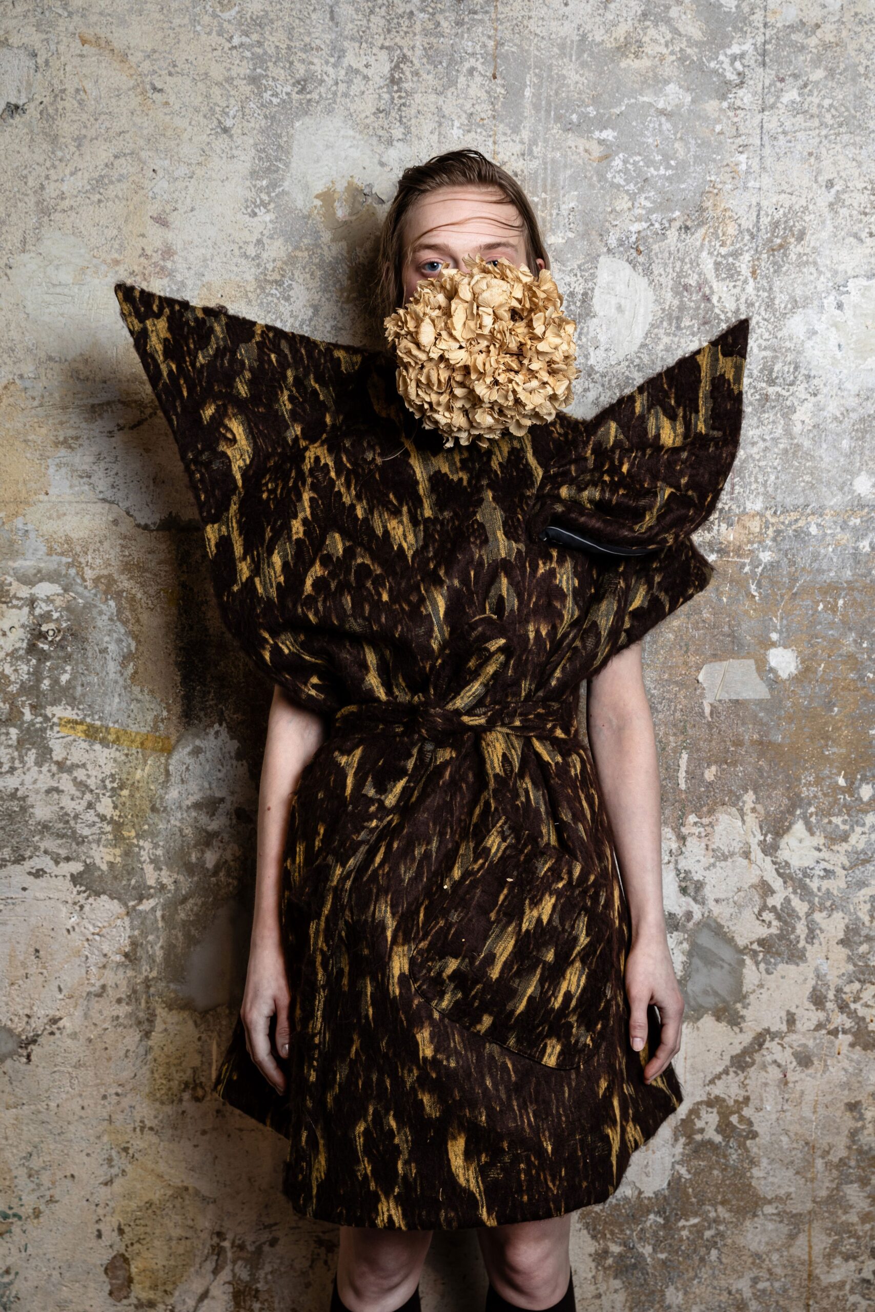 brown and gold draped mini dress