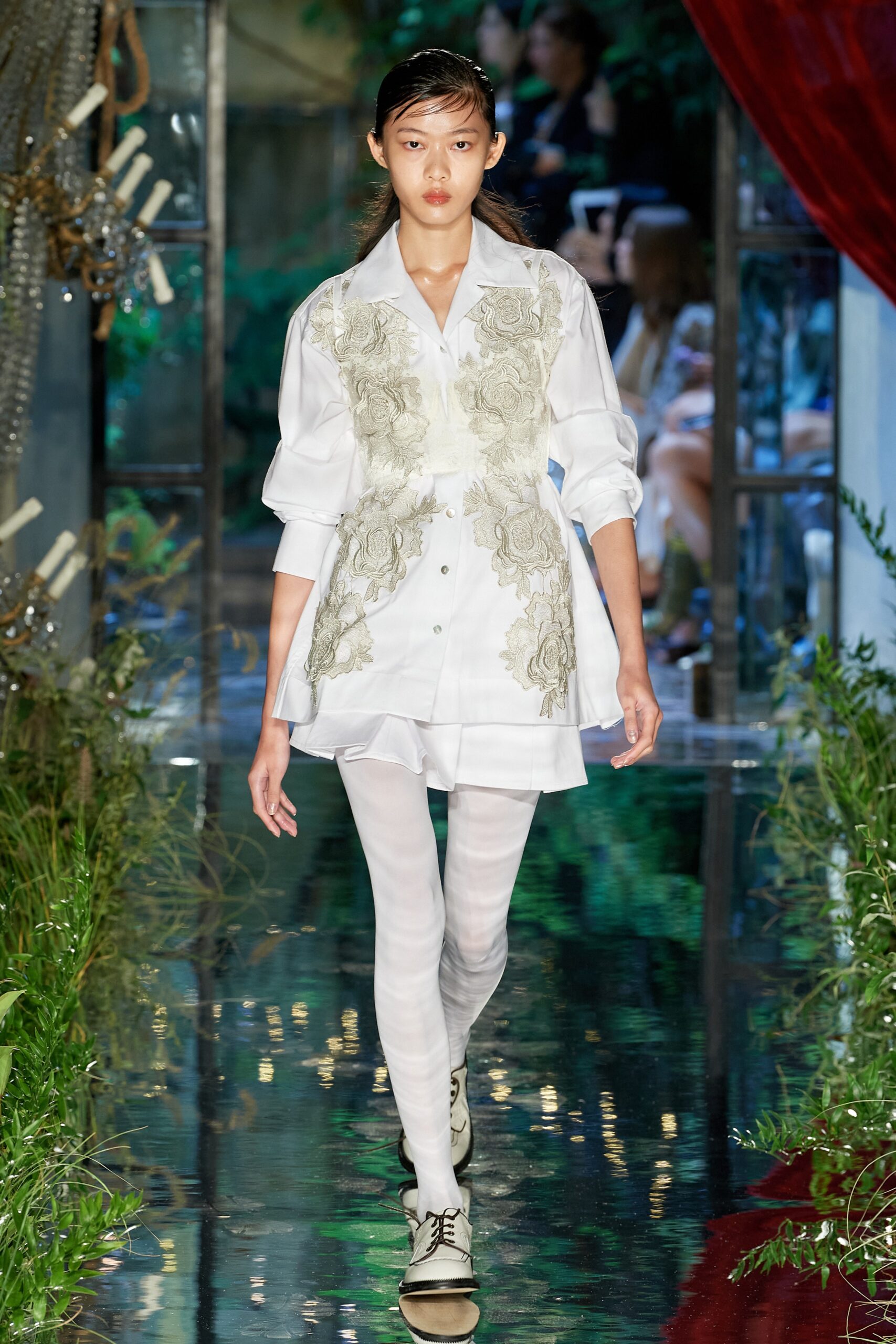 white embroidered shirt-dress with leggings