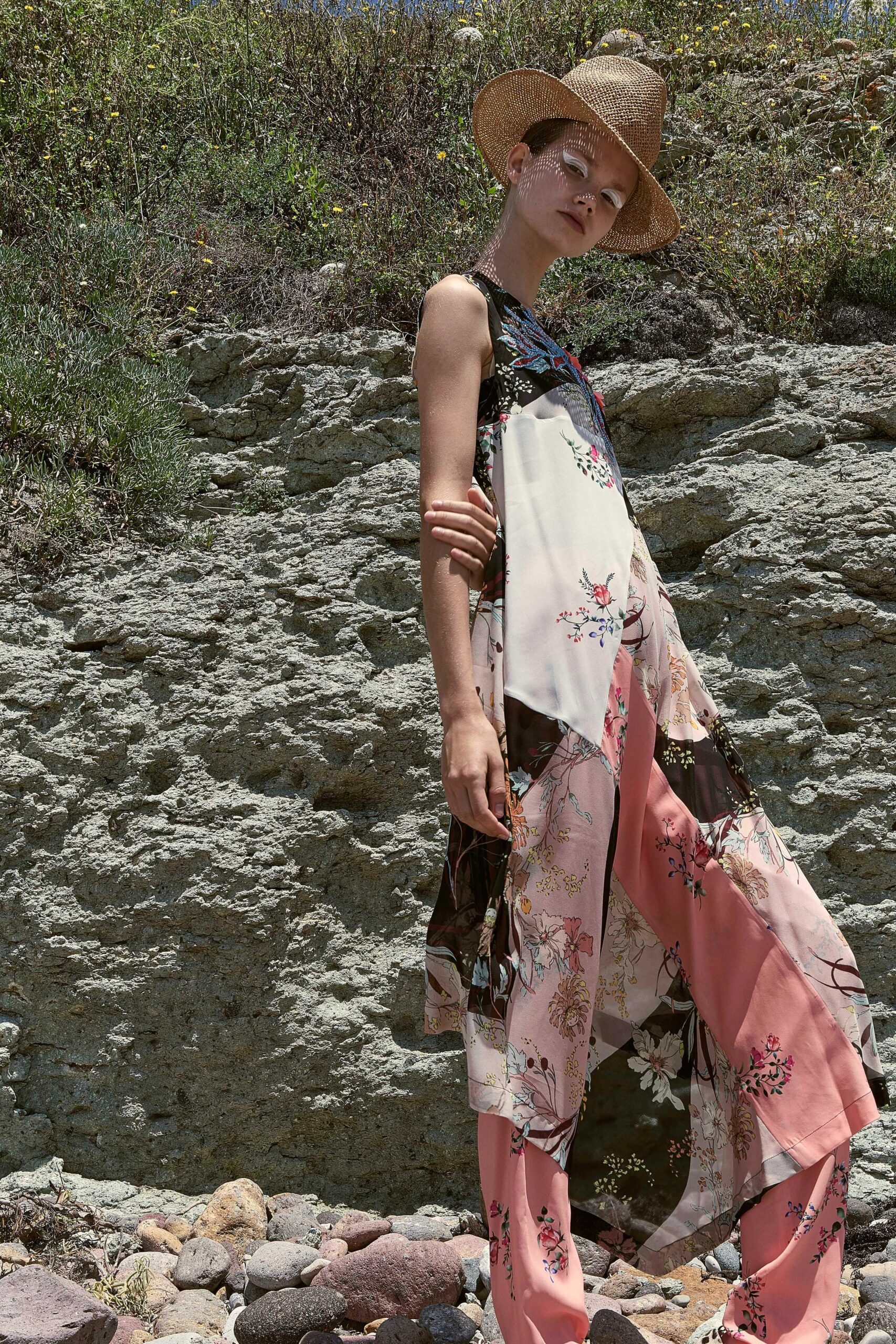 floral midi dress with pink pants