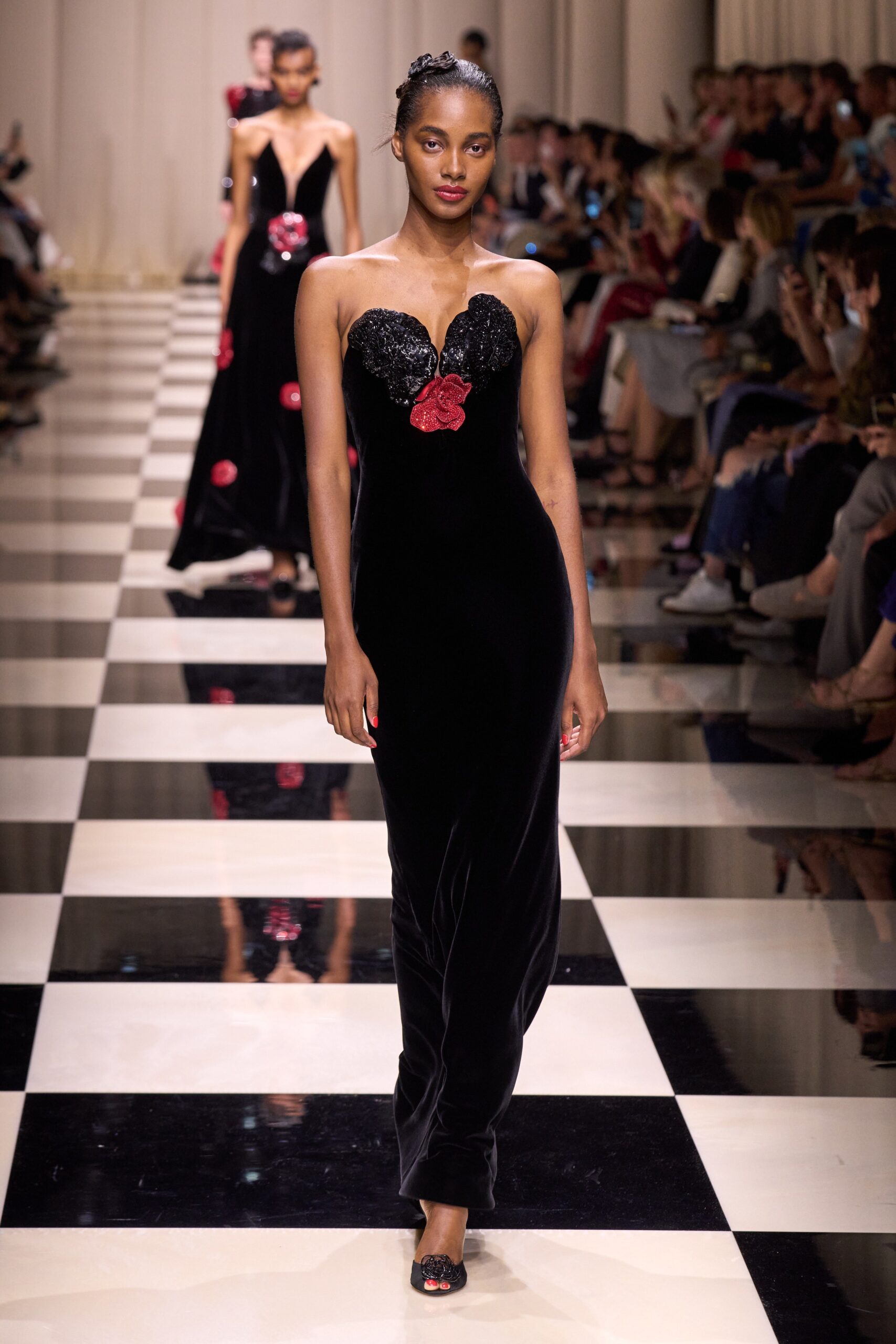 black velvet strapless gown