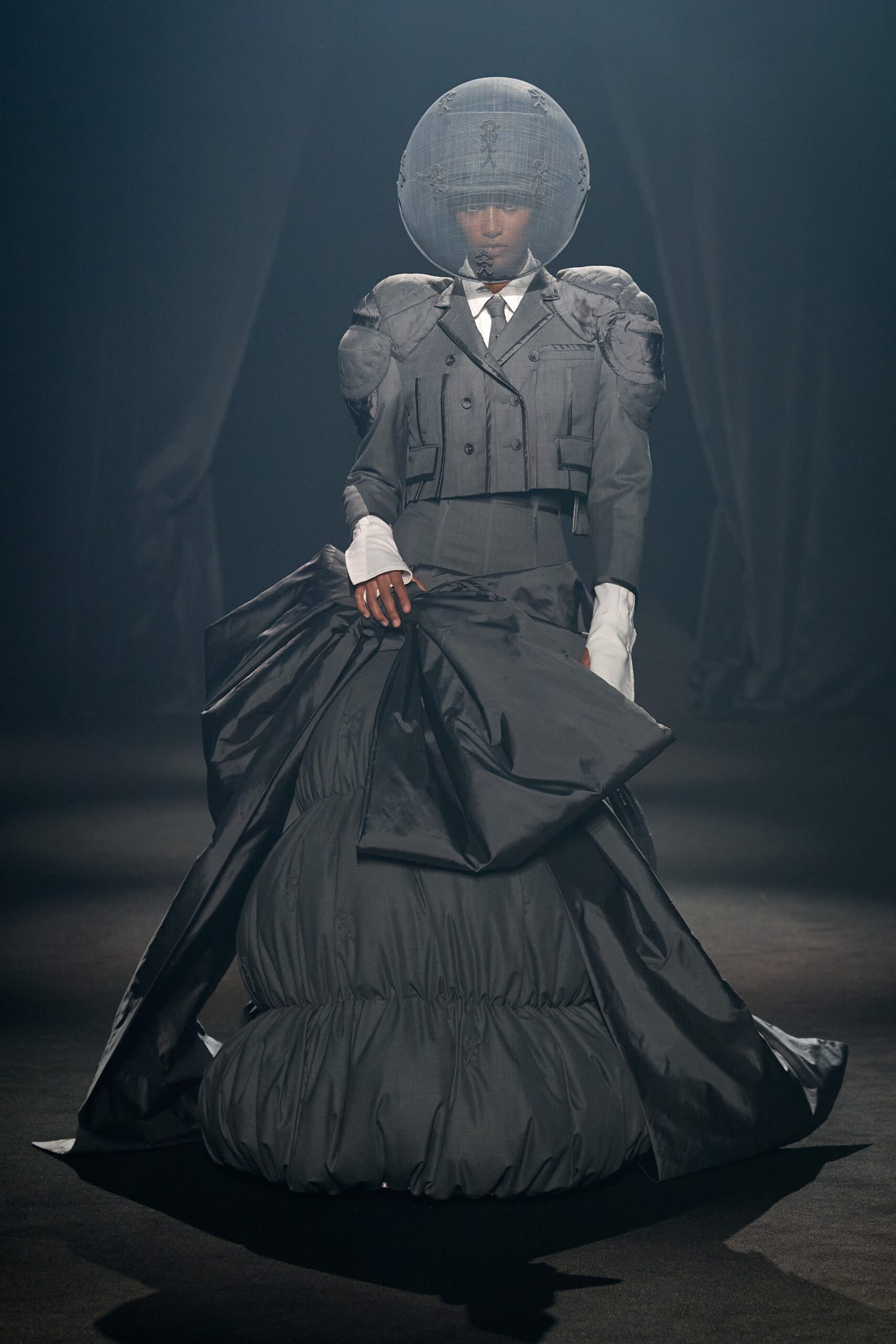 black silk long-sleeve collared fitted pleated layered gown