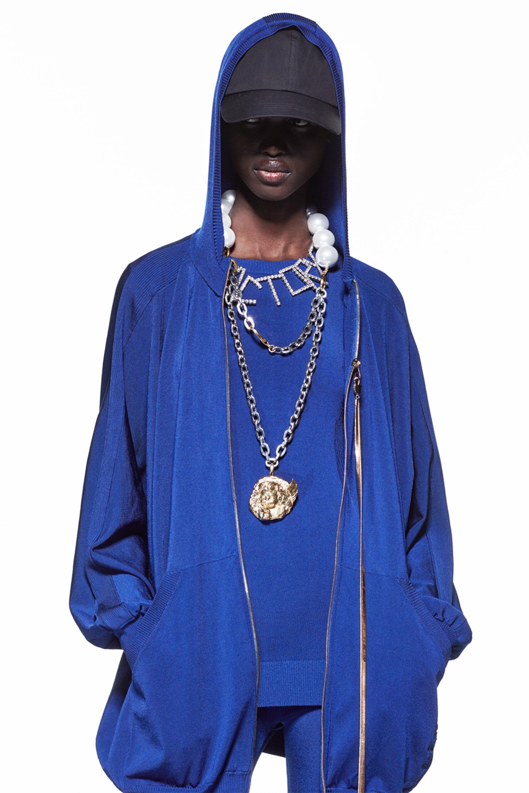 blue oversized hoodie with necklace