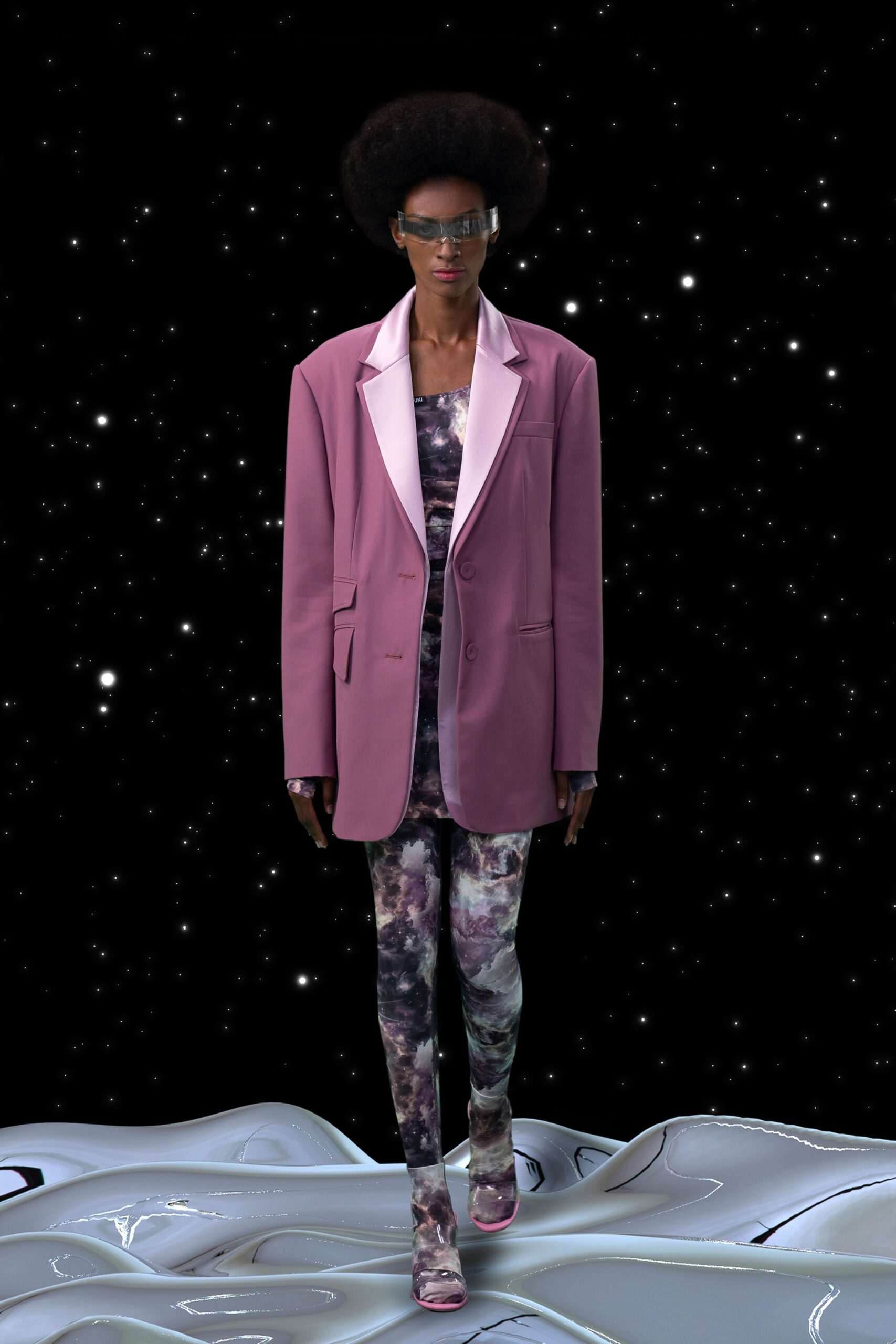 pink oversized blazer with multi catsuit