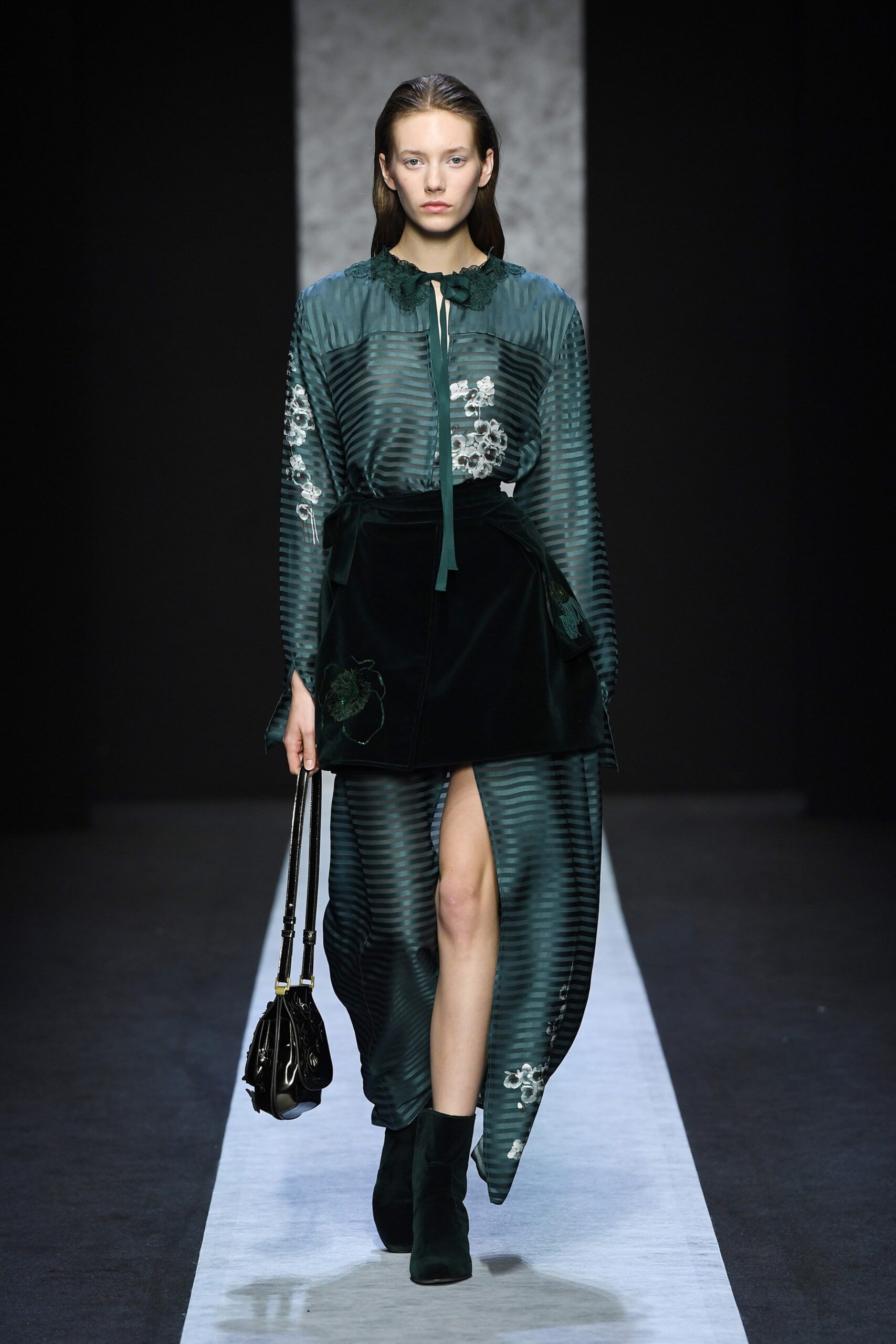 green silk midi dress with black velvet skirt