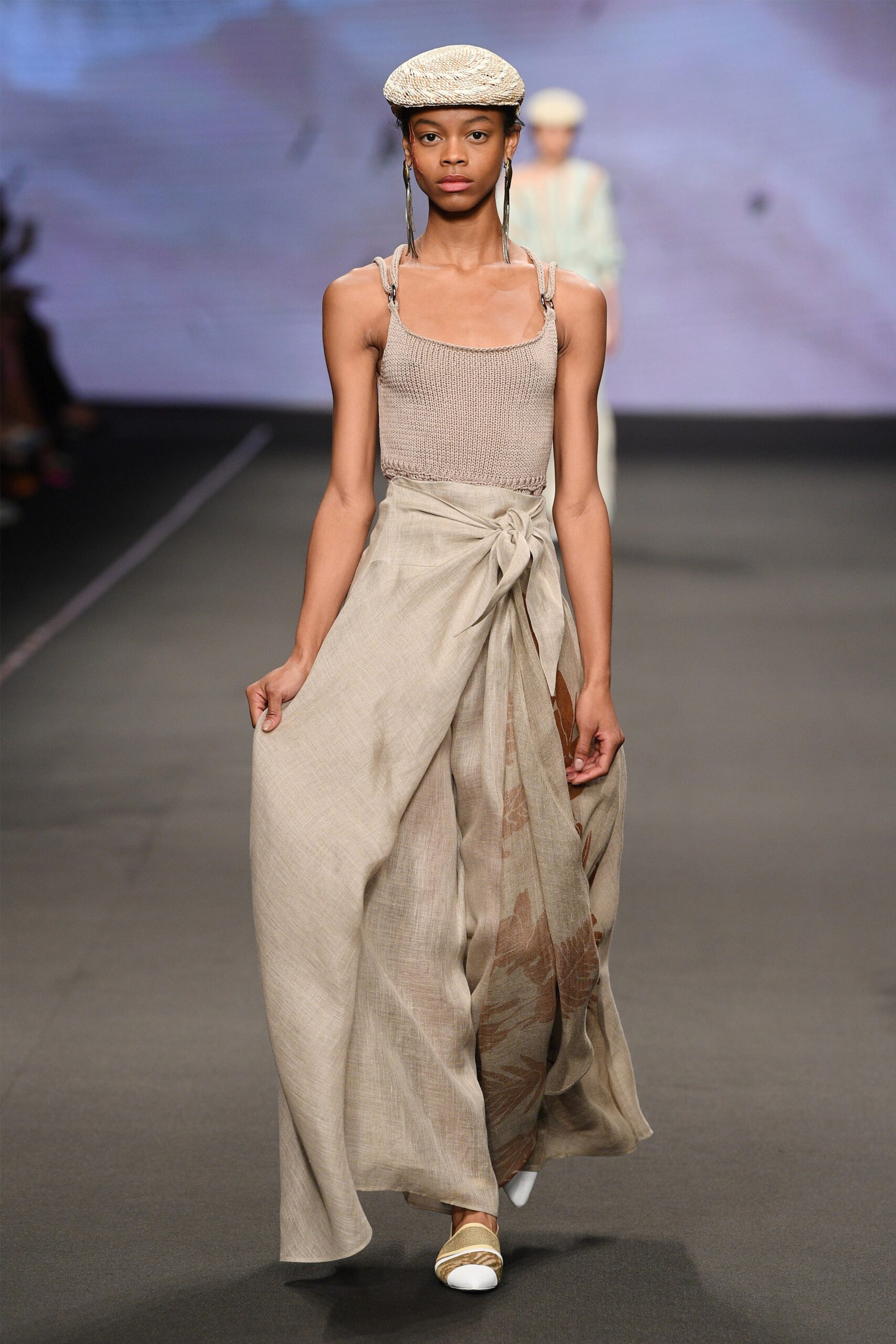 beige linen relaxed high-waisted tiered maxi skirt