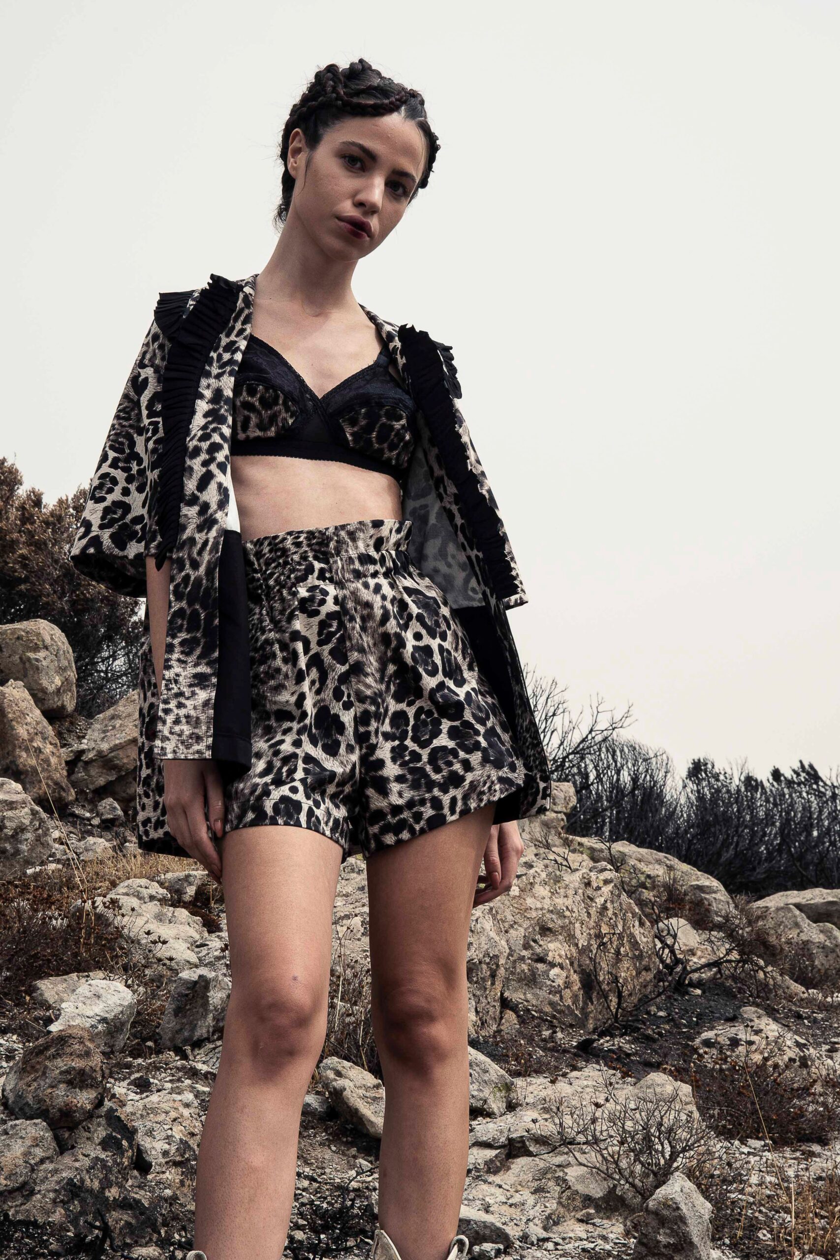 black animal-print top and shorts