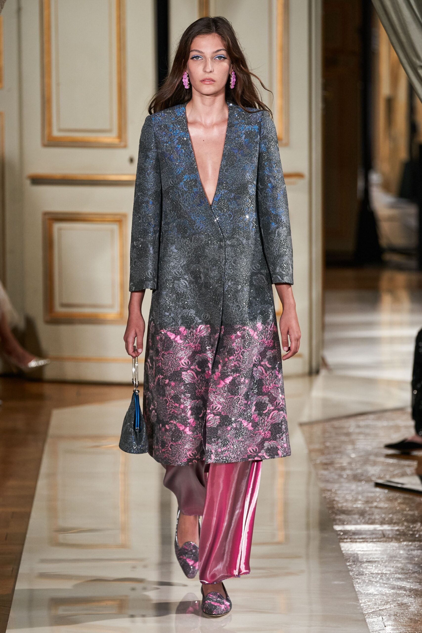 embroidered gray coat with pink pants