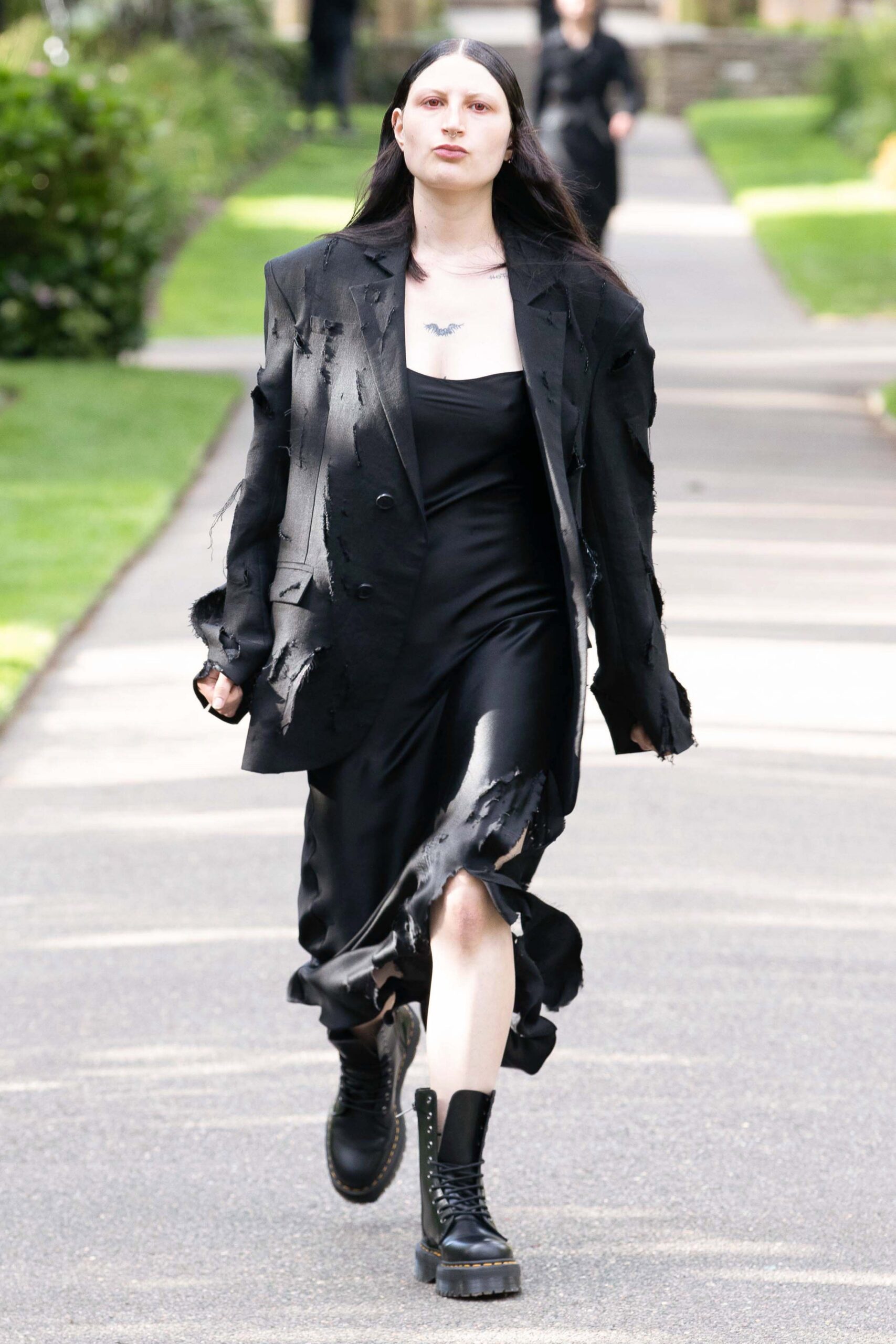 black midi dress with oversized jacket