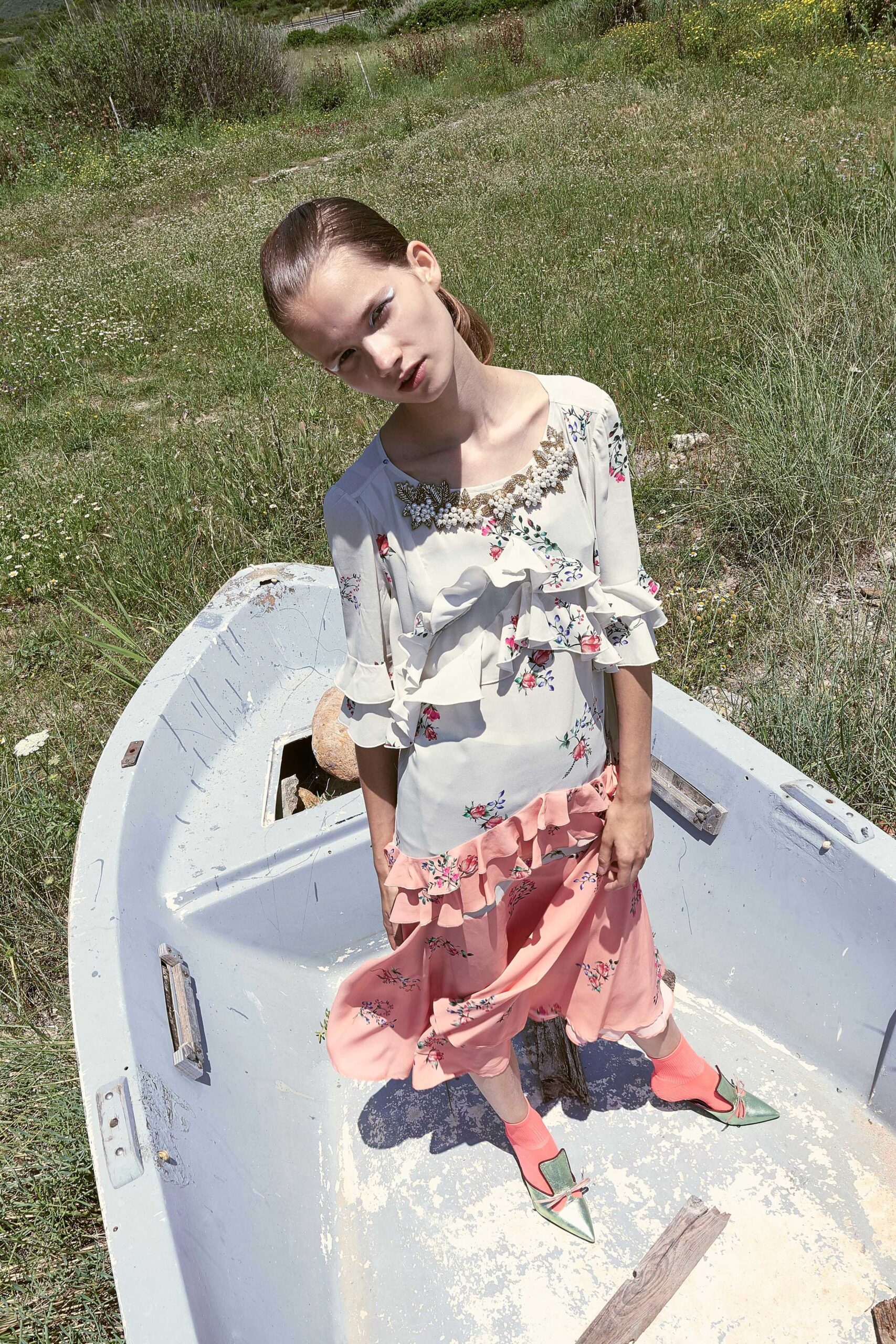 white and pink floral midi dress