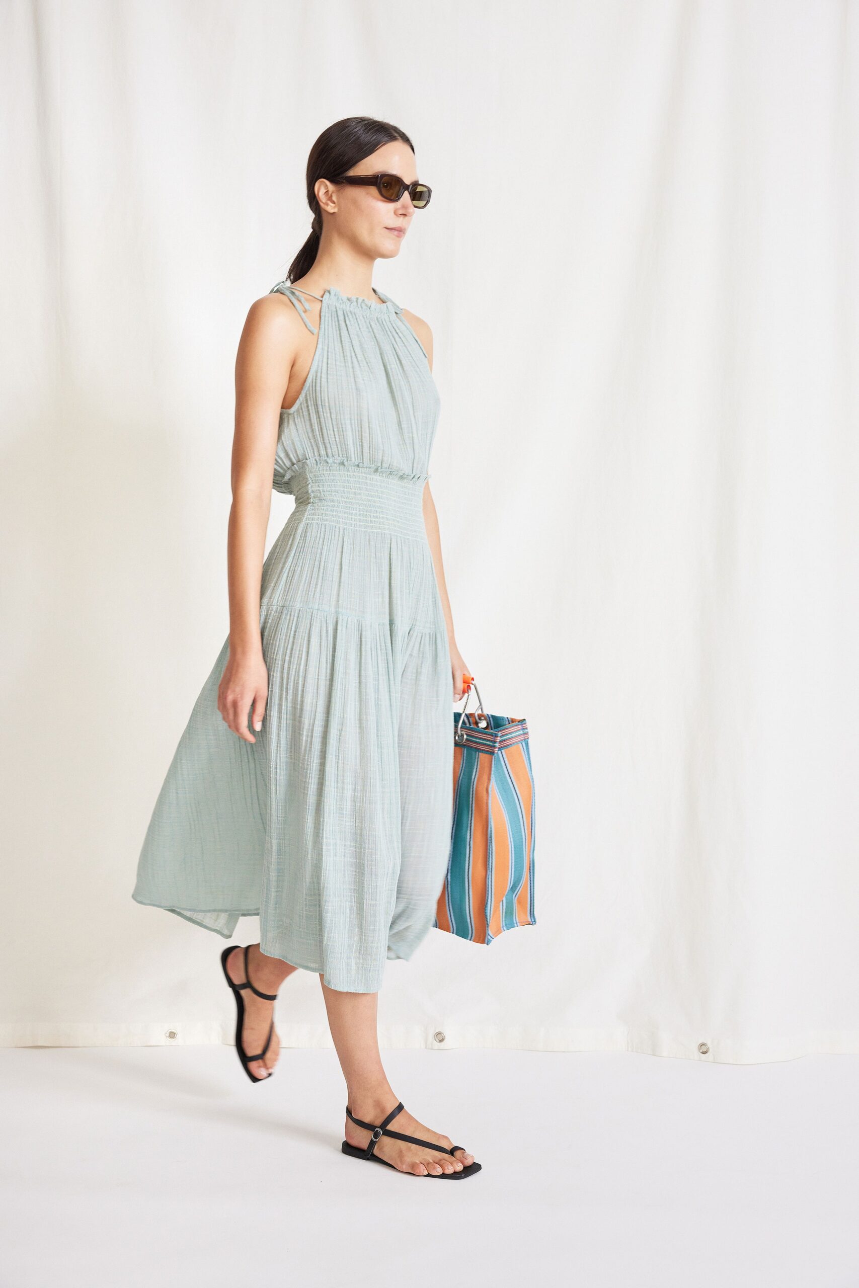 blue pleated midi dress