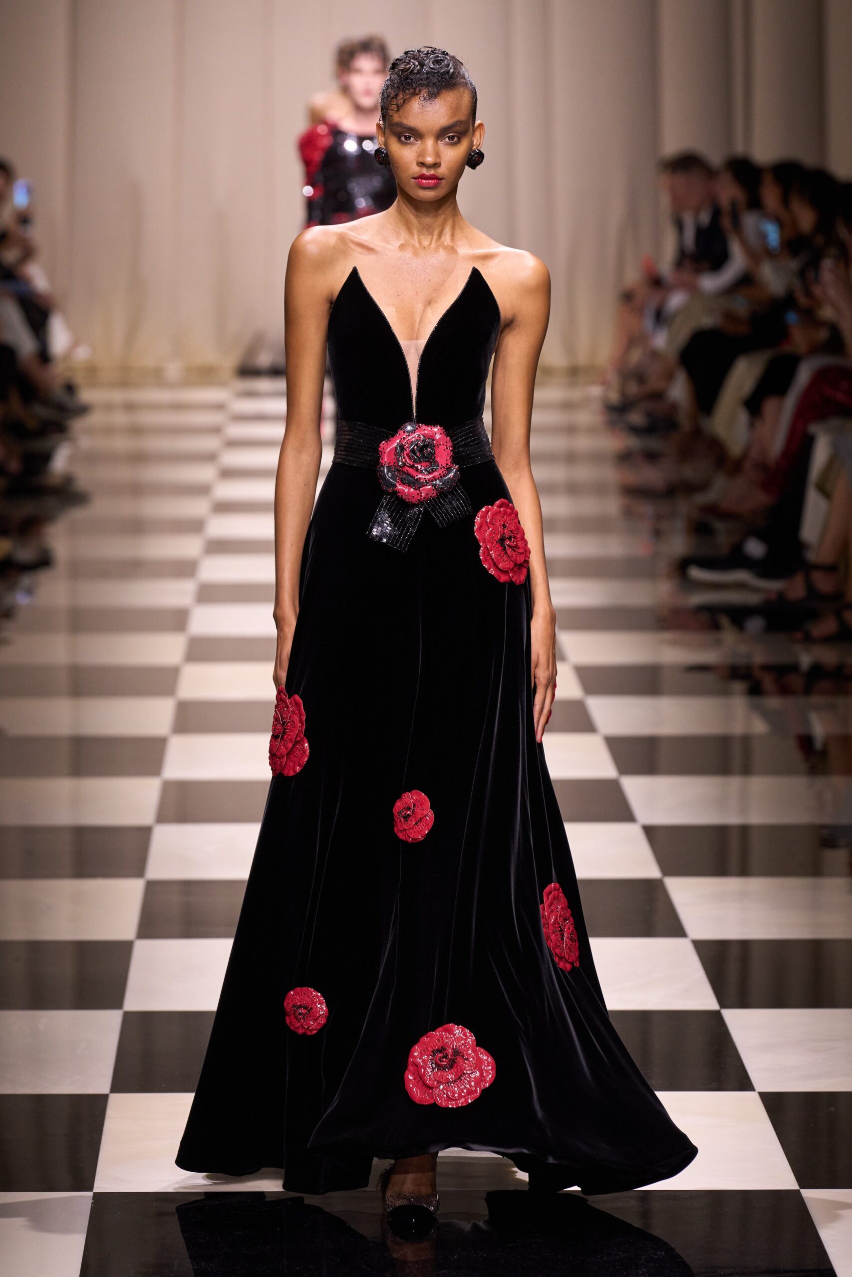 black velvet sleeveless gown