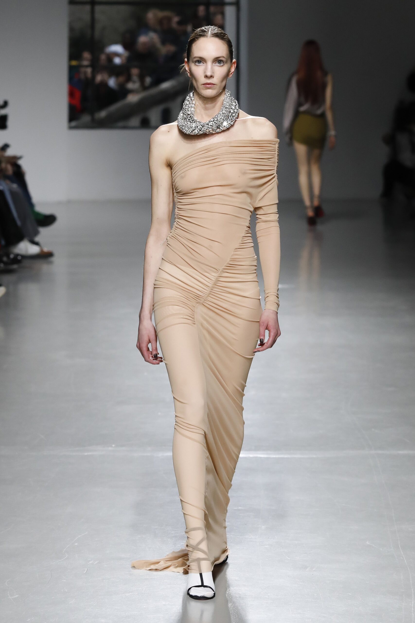 beige silk off-shoulder gown