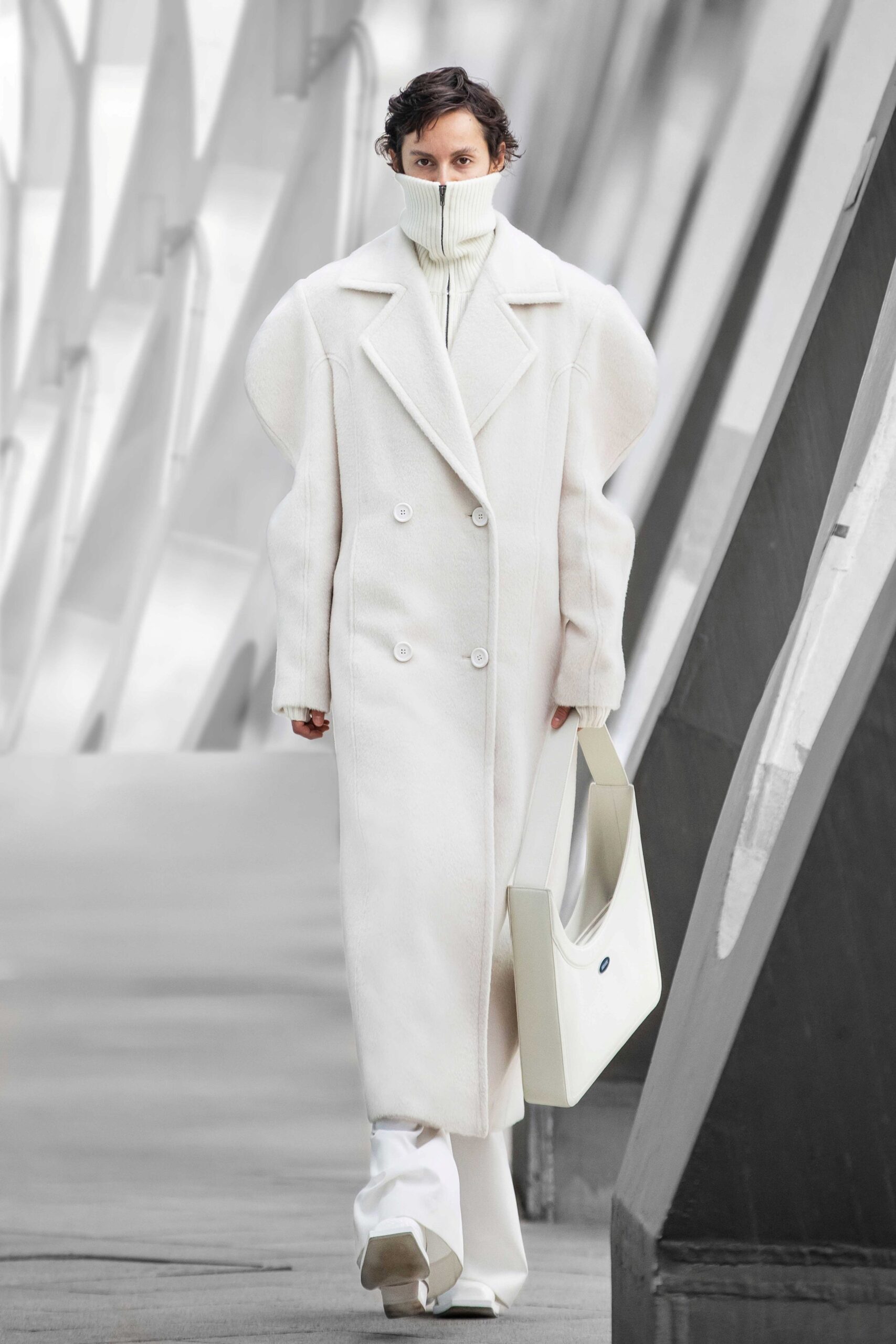 white wool coat with turtleneck