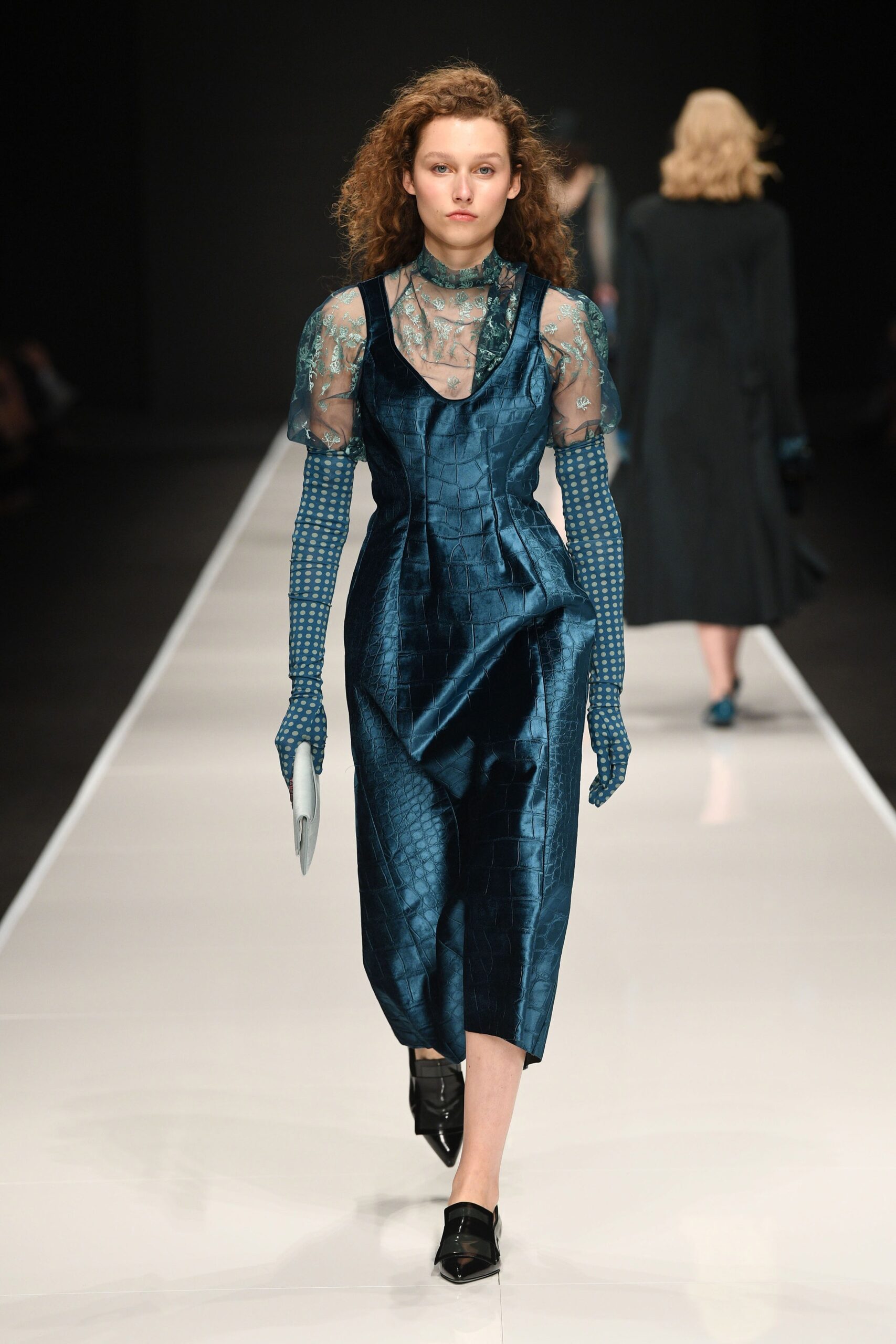 blue silk midi dress with gloves