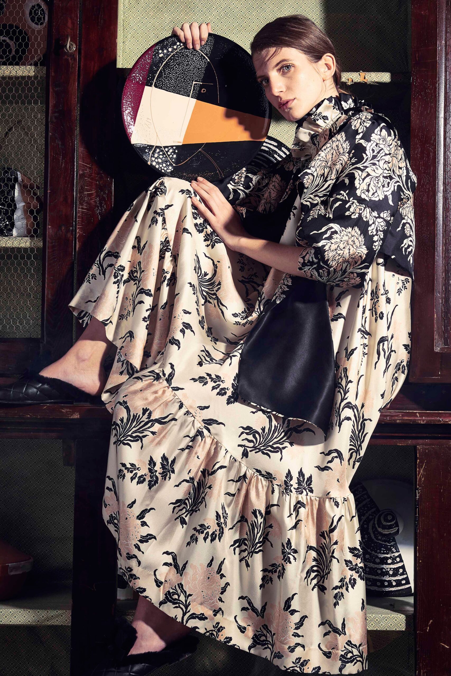 beige silk long-sleeve v-neck fitted flared printed dress