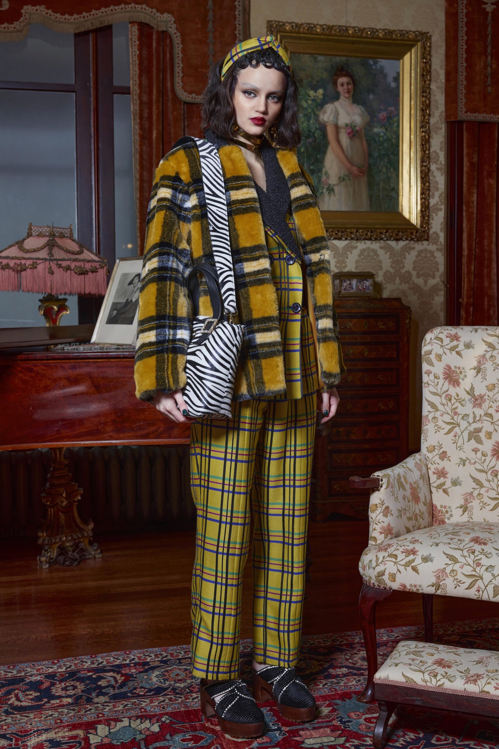 yellow black checked faux-fur coat