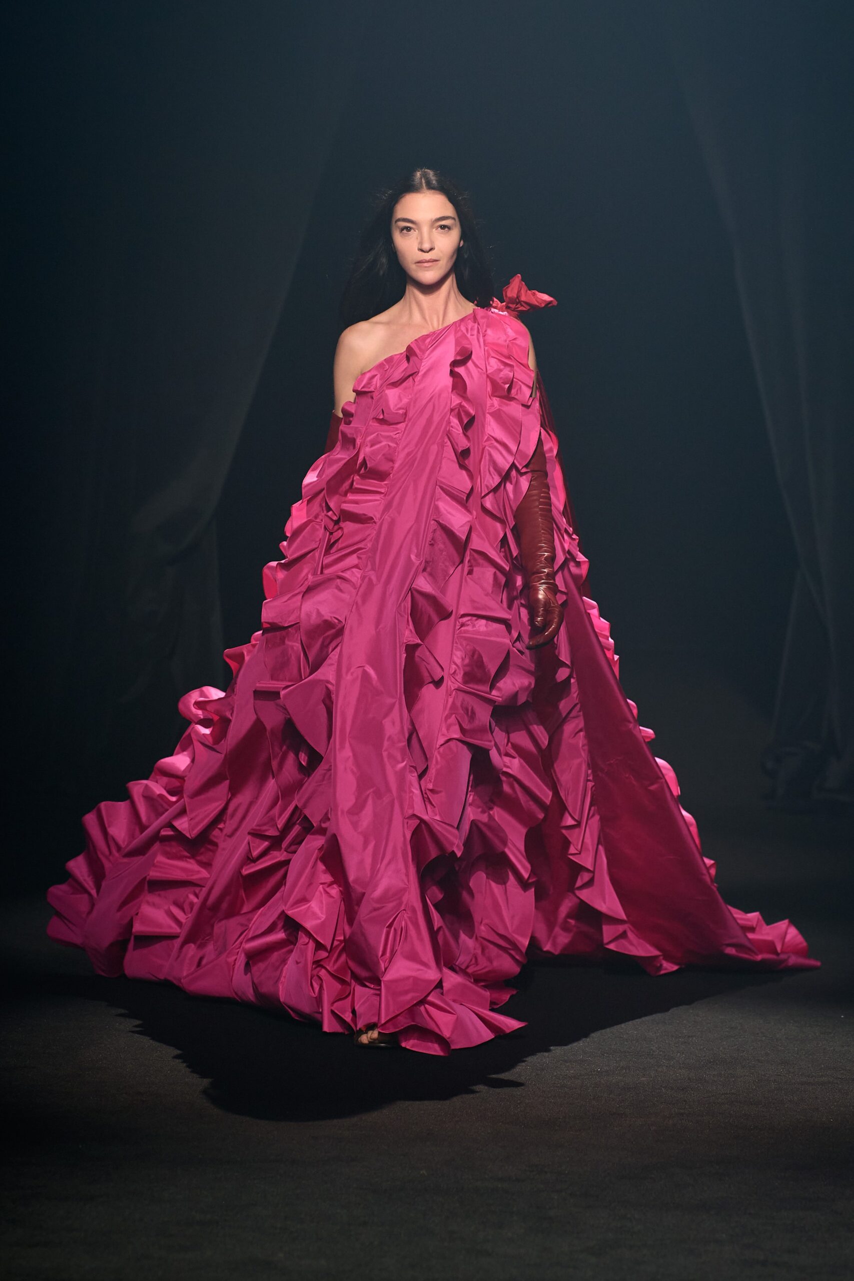 pink silk off-shoulder gown