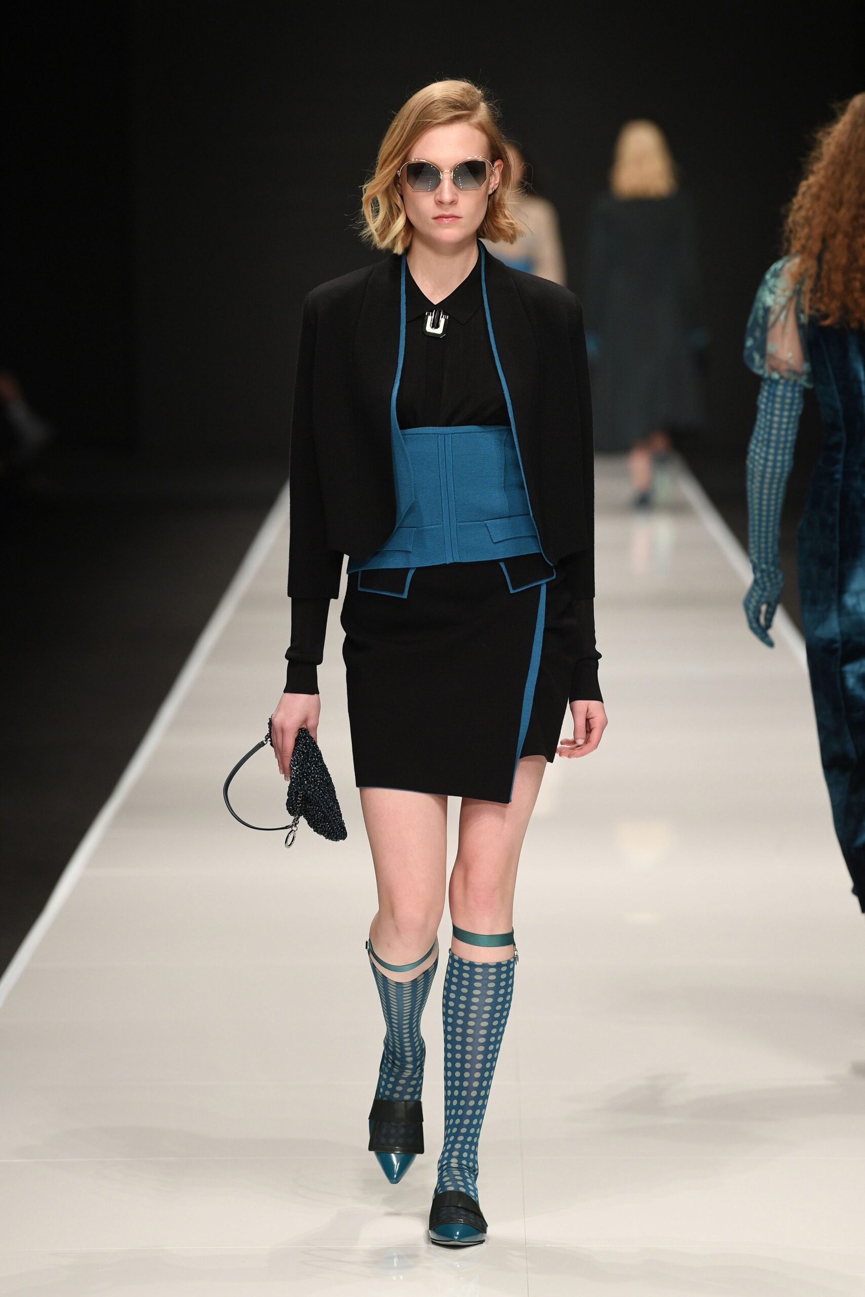 black and blue fitted dress with jacket