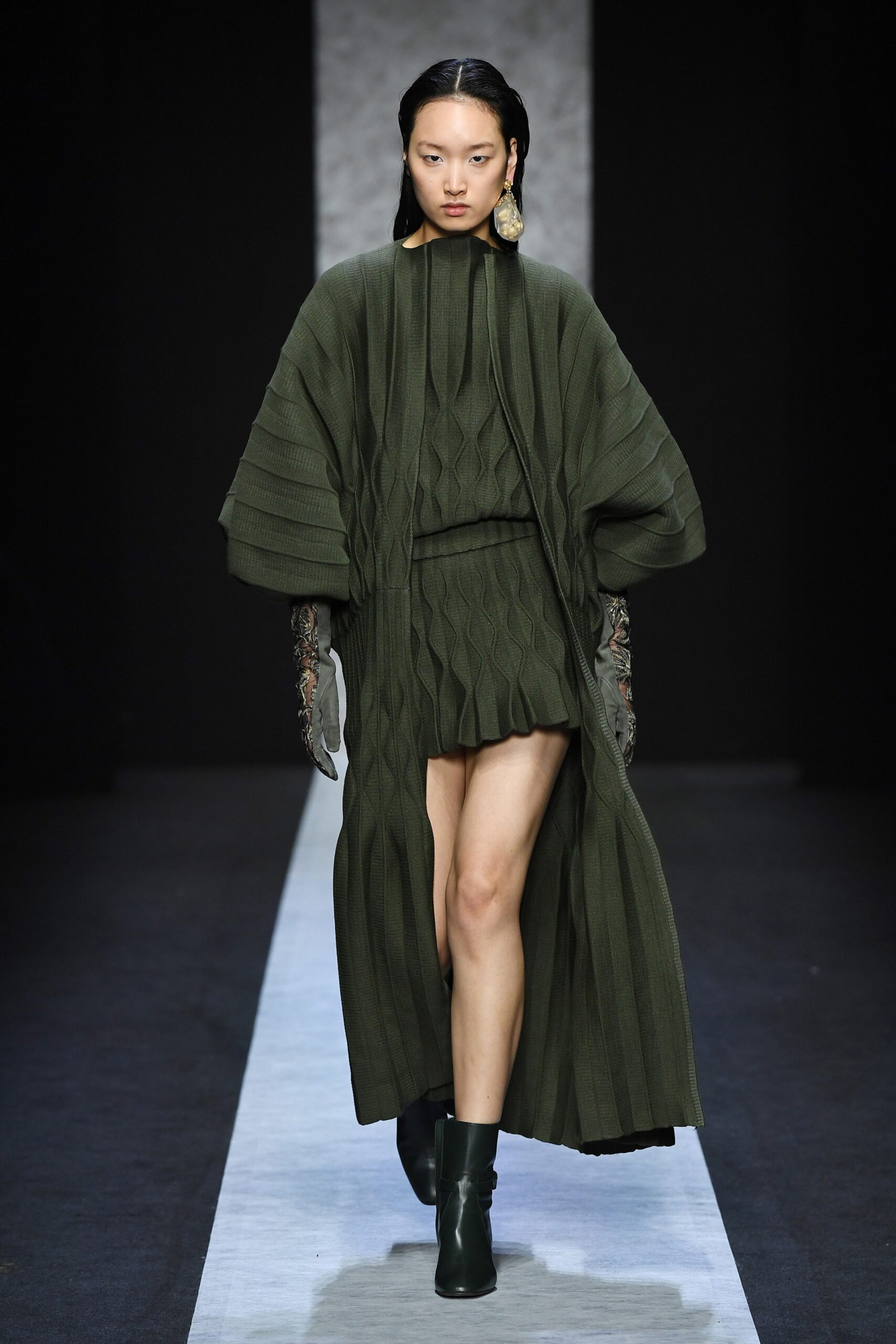 green knit long-sleeve relaxed draped maxi coat