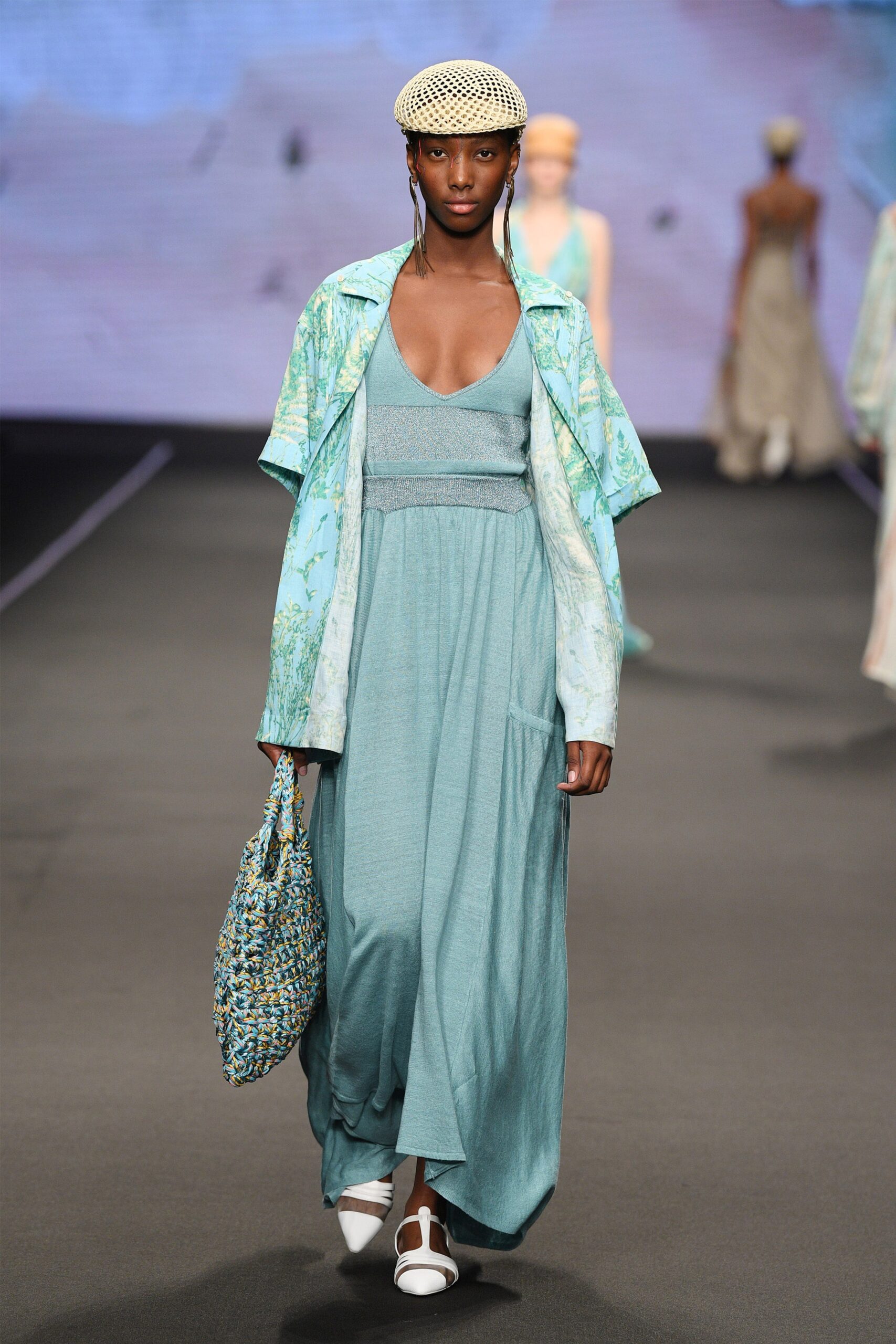 blue silk long-sleeve collared relaxed draped jacket
