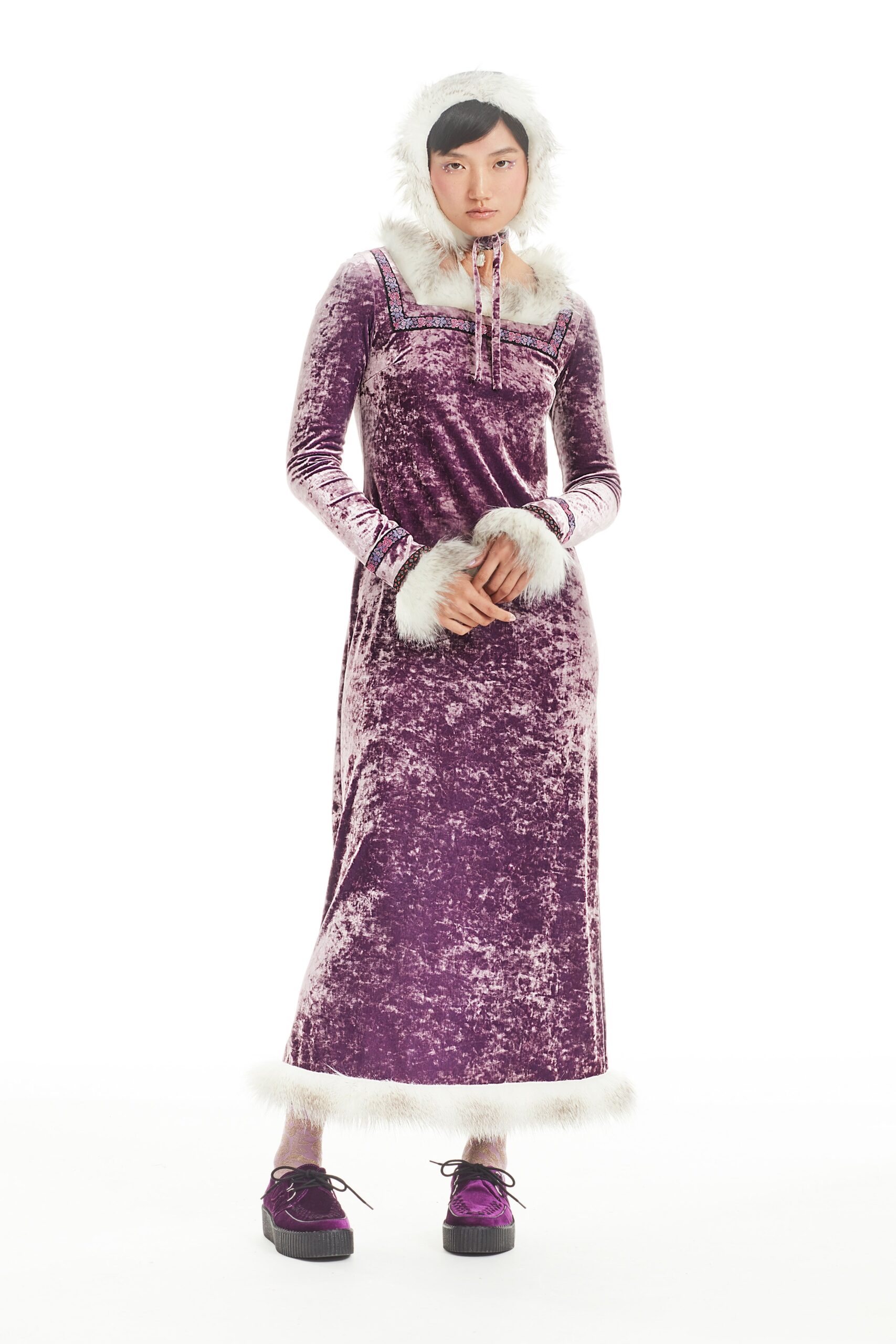 purple velvet gown with fur hat