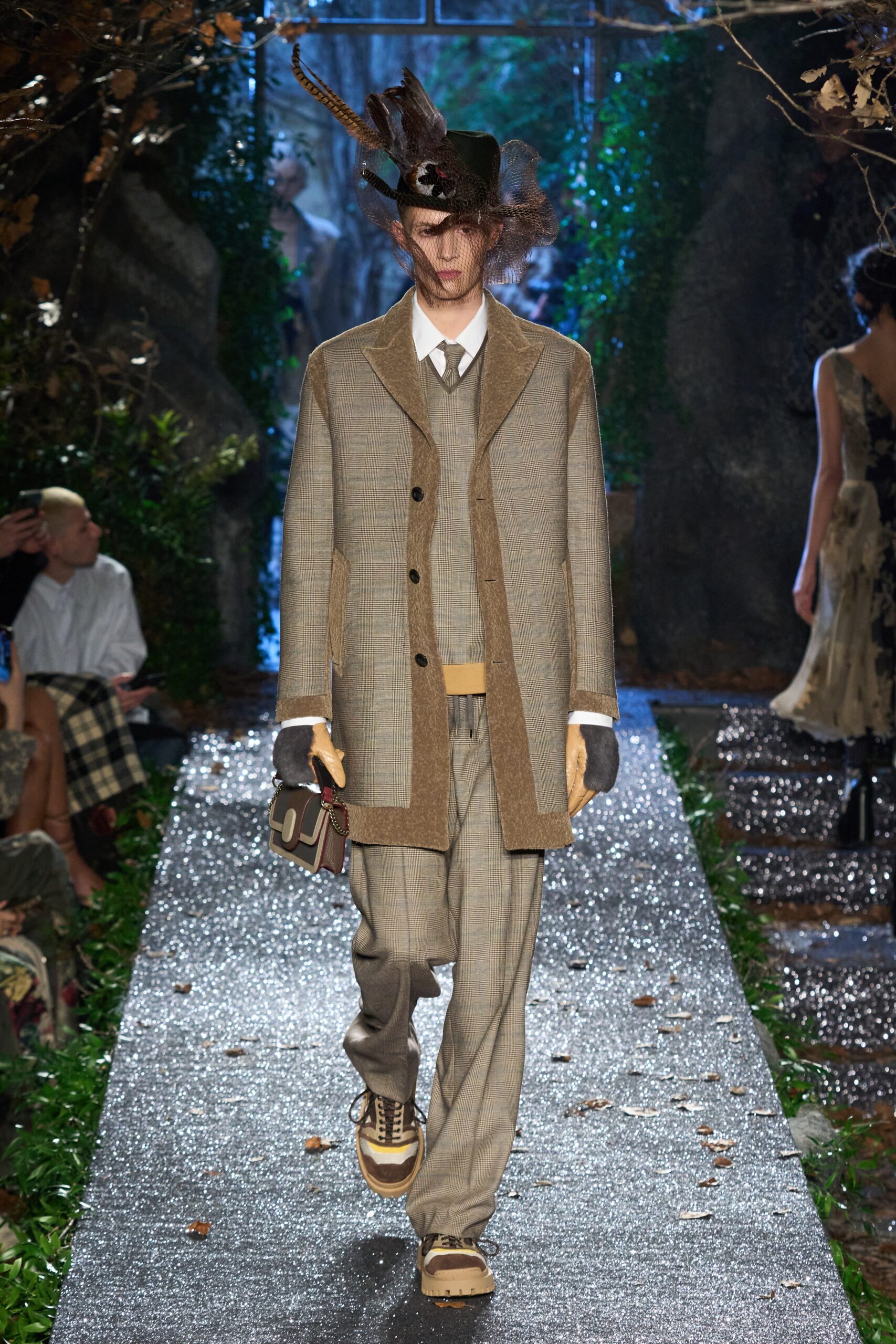 gray tailored suit with hat