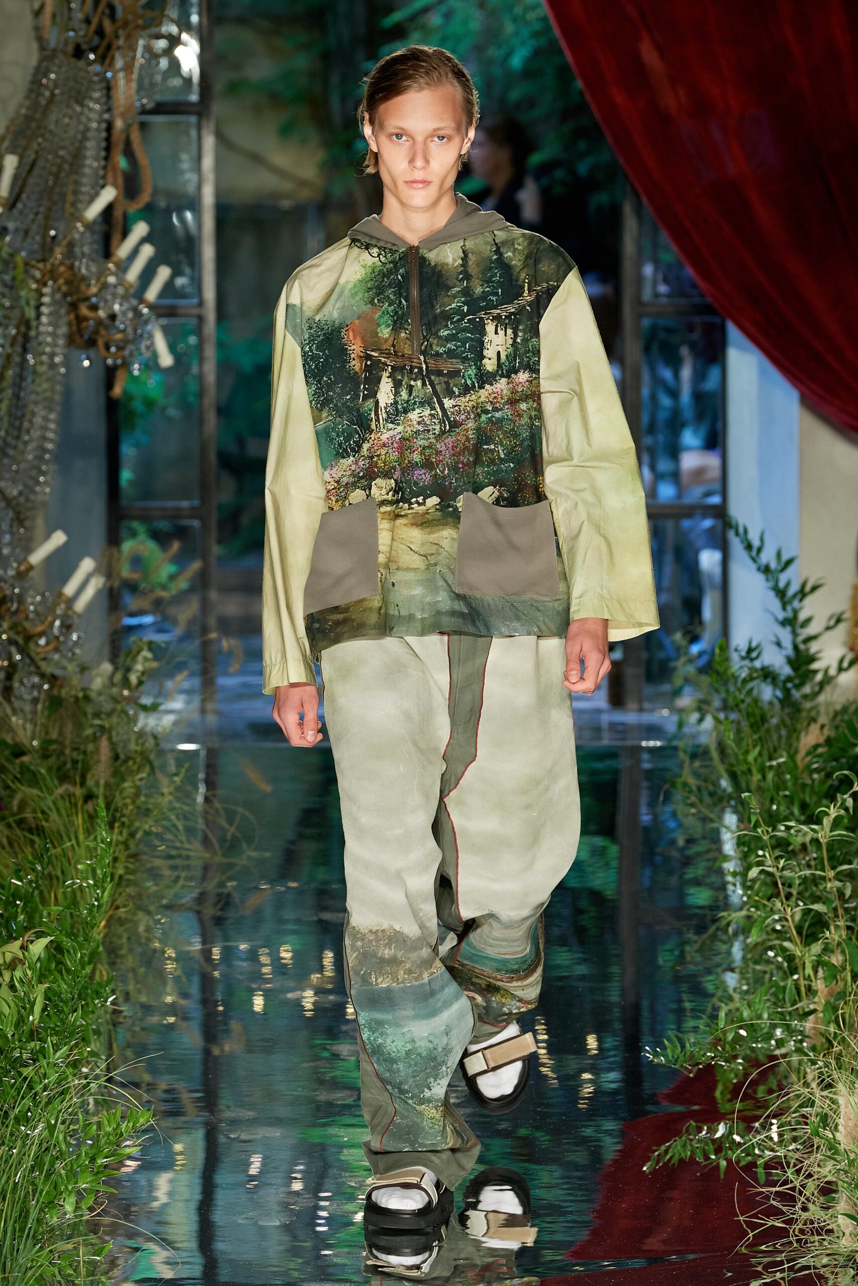 printed green and beige jacket and pants