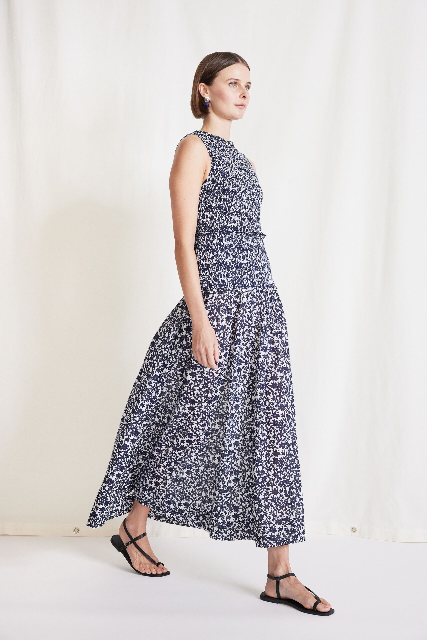 blue and white printed maxi dress