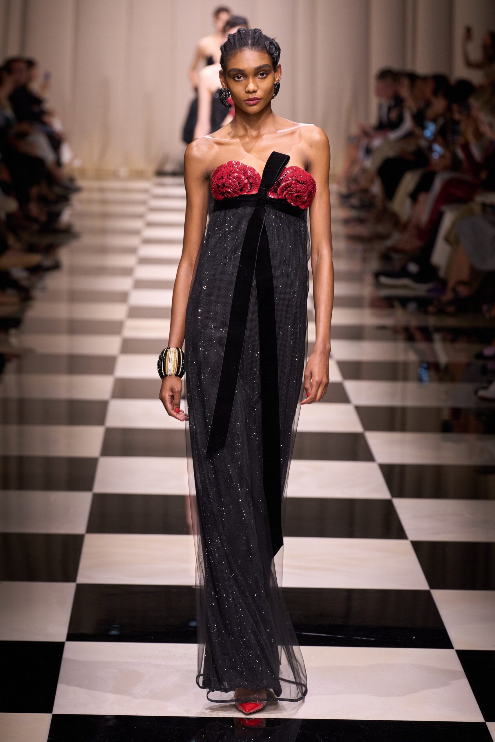 black and red embellished gown