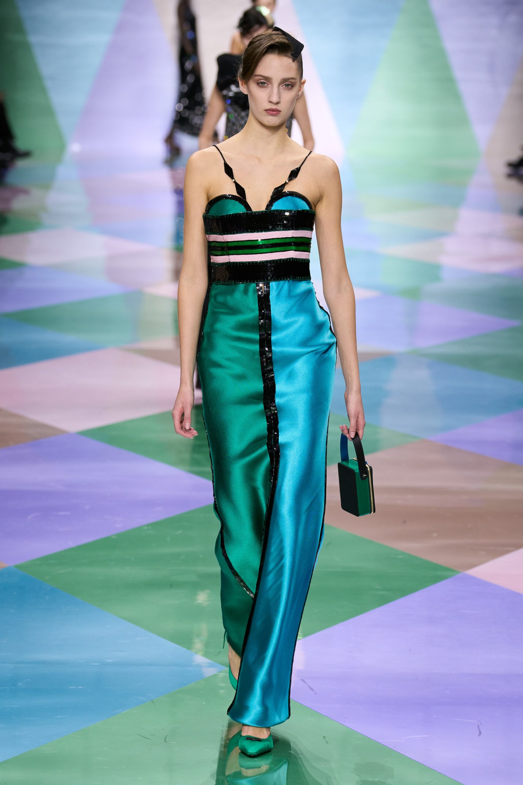 teal silk fitted gown