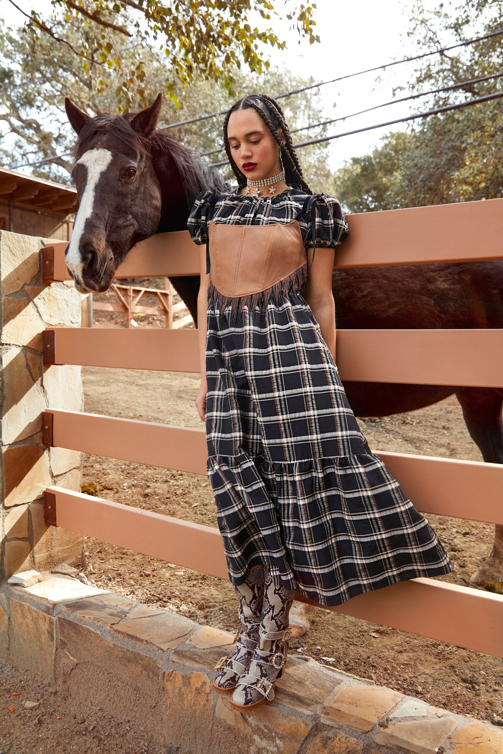 black and brown checked midi dress