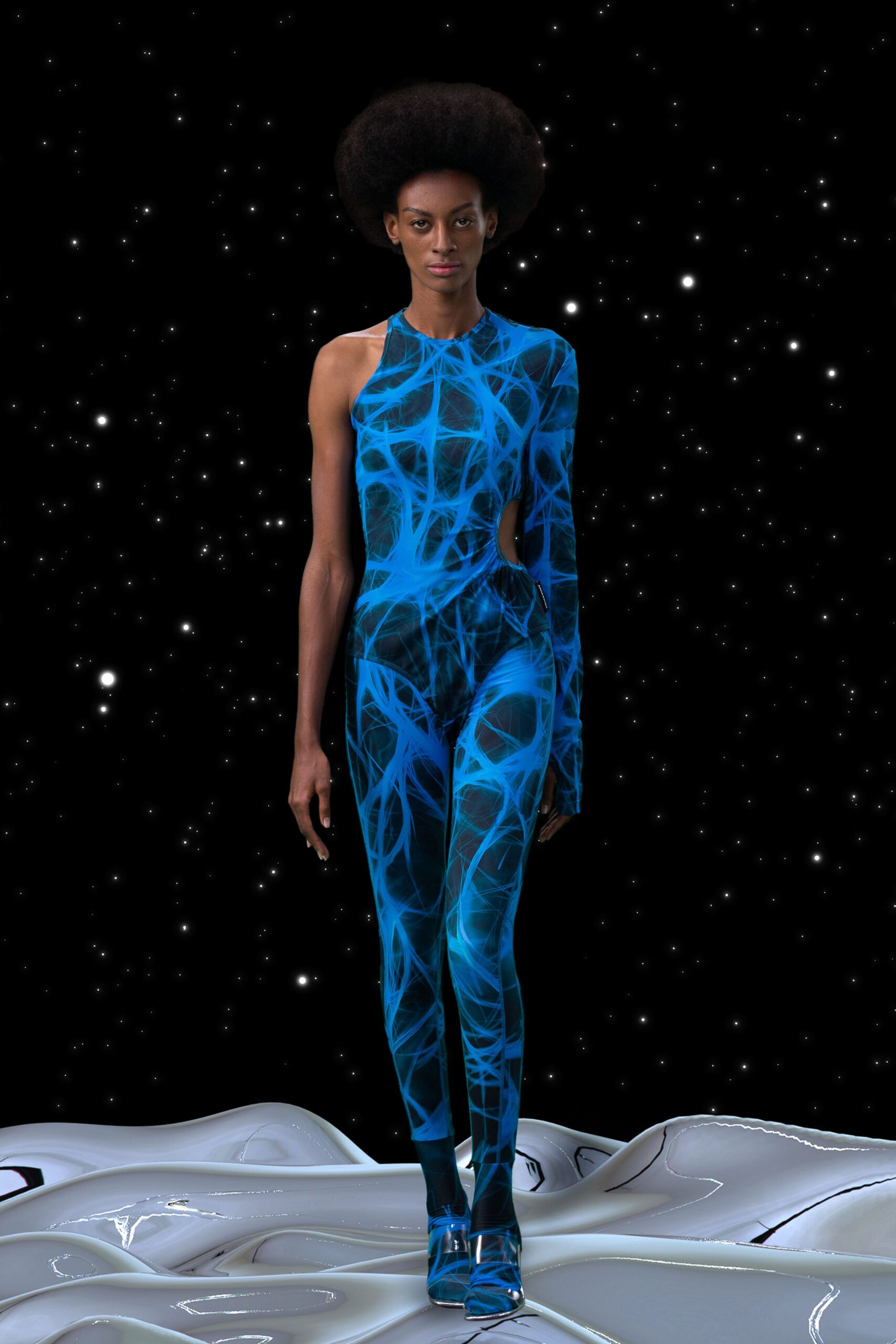 blue printed fitted catsuit