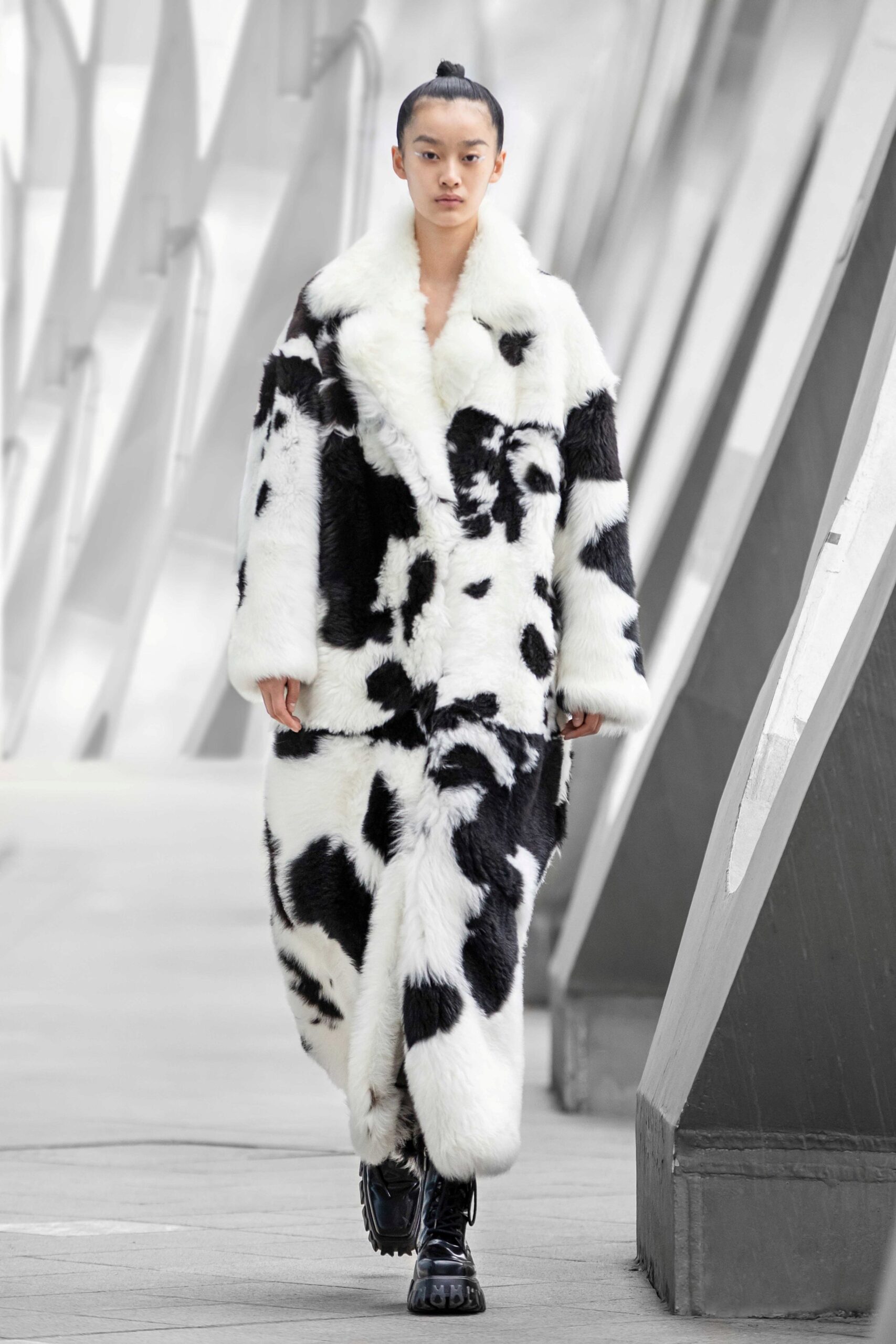 black and white faux-fur coat