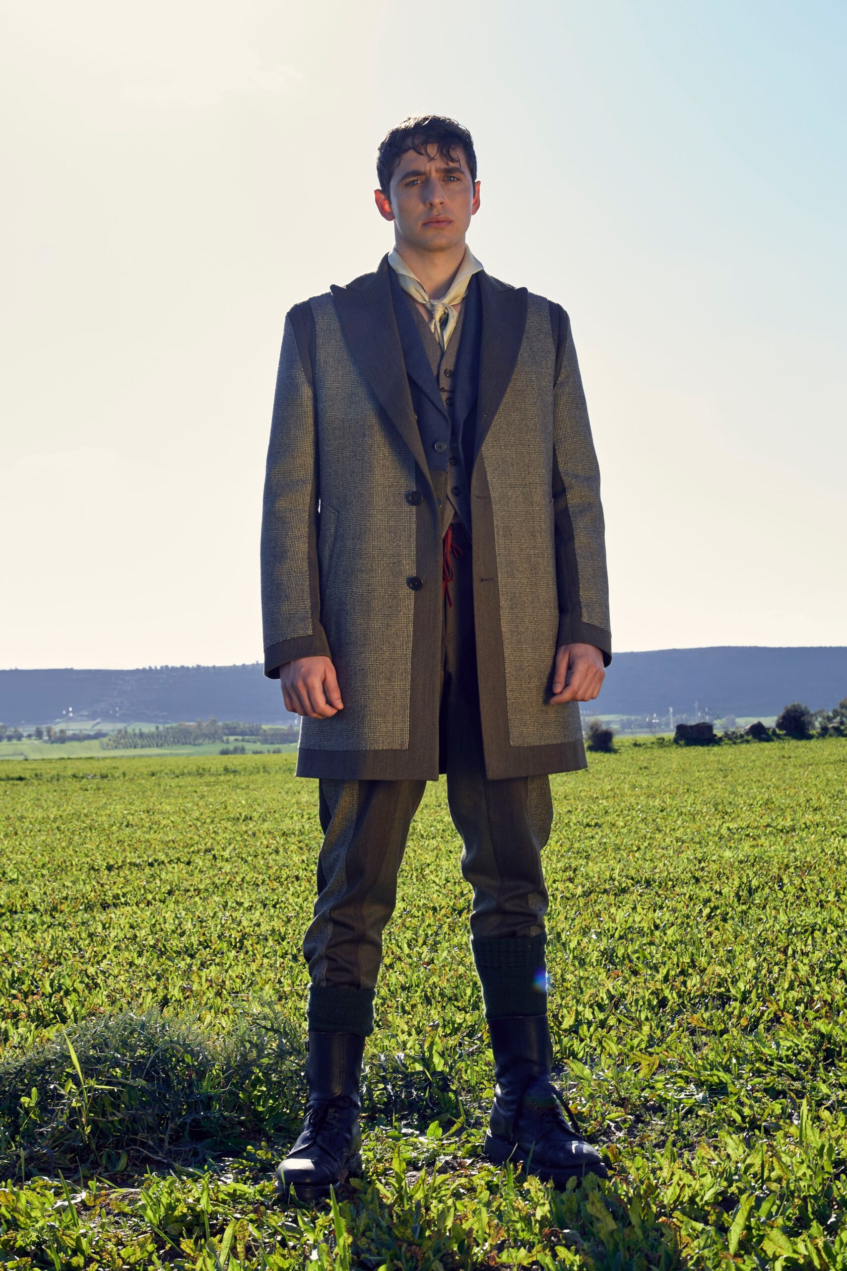 green wool tailored straight-leg pants