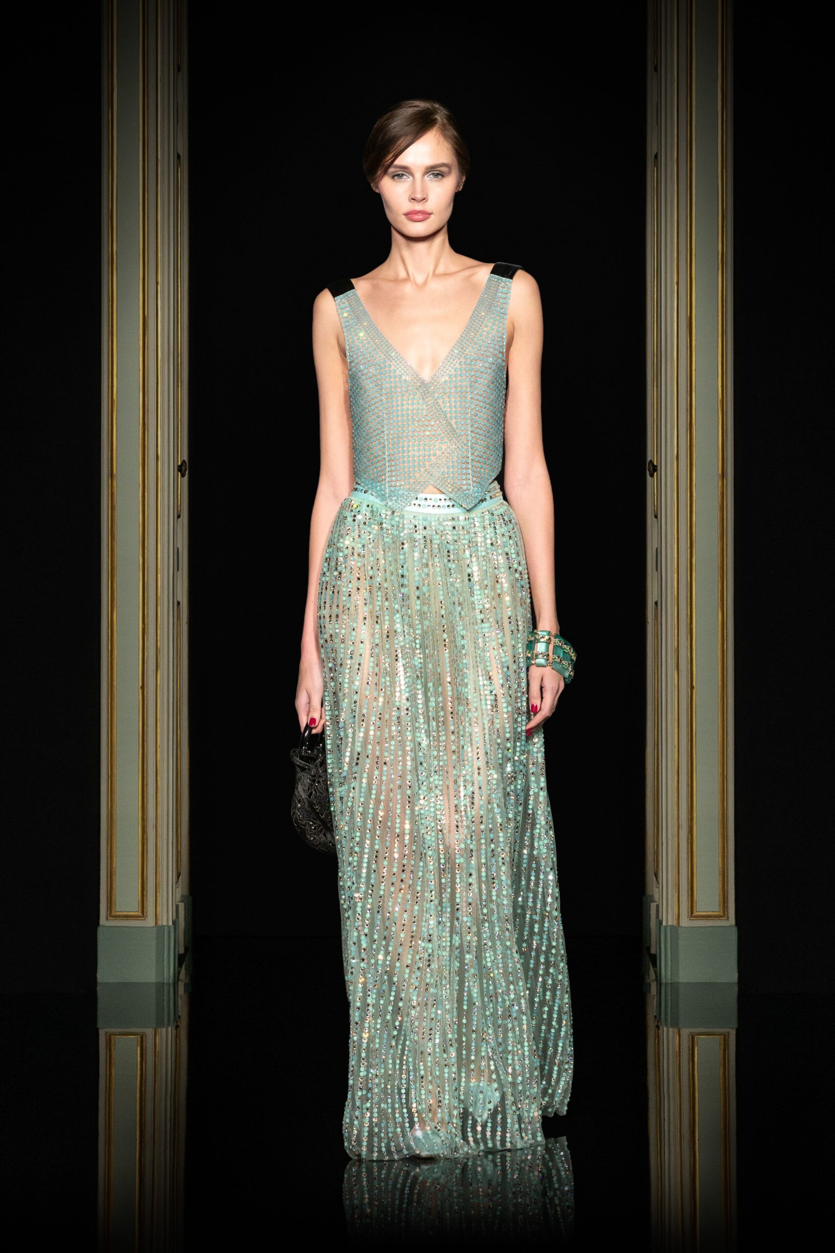 green silk sleeveless gown