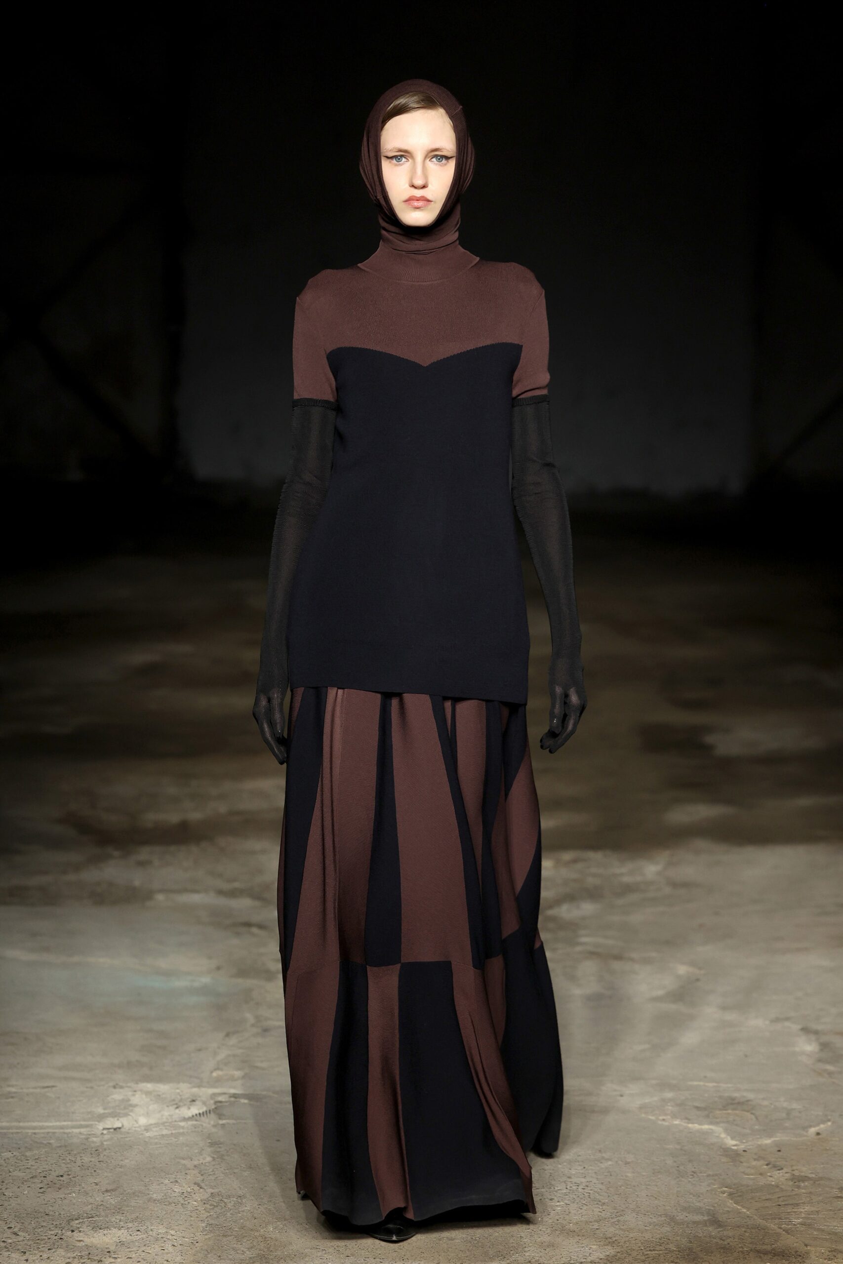 brown and black color-blocked top with flared skirt