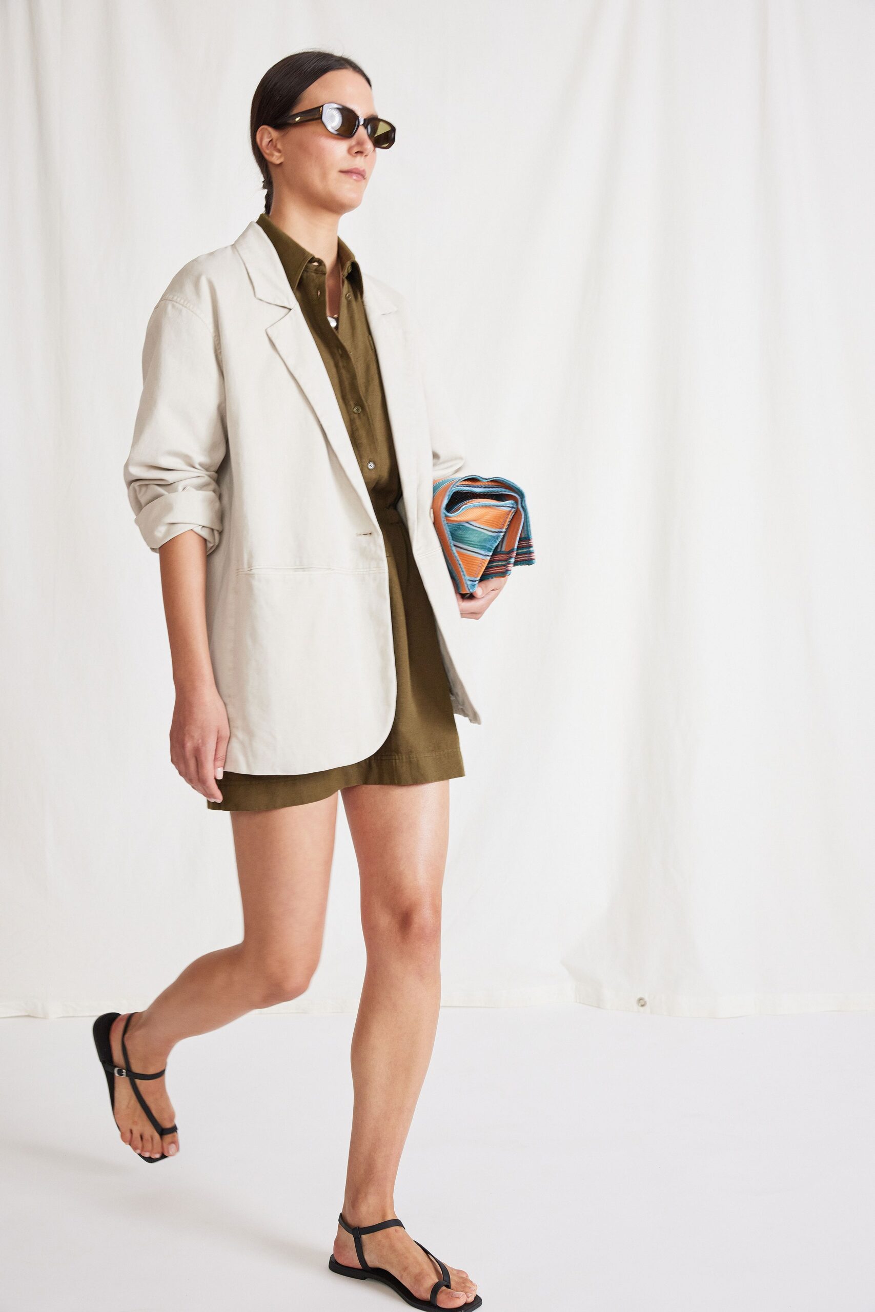 green cotton short-sleeve collared fitted pockets short shirt-dress