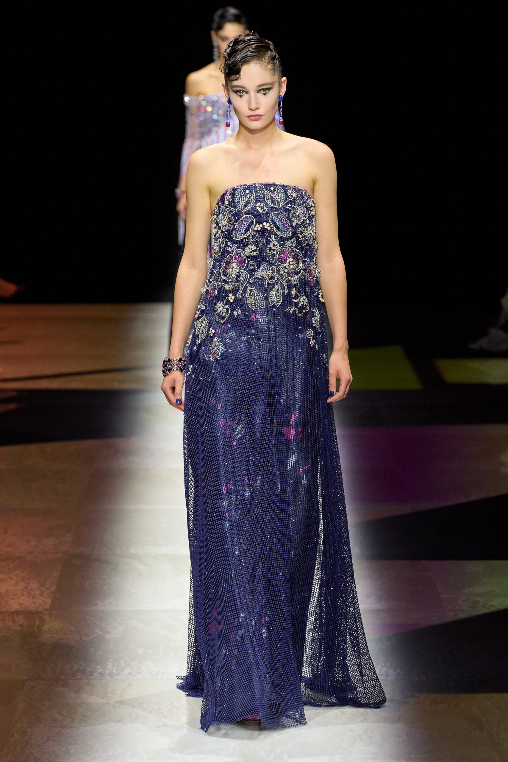 blue silk strapless gown