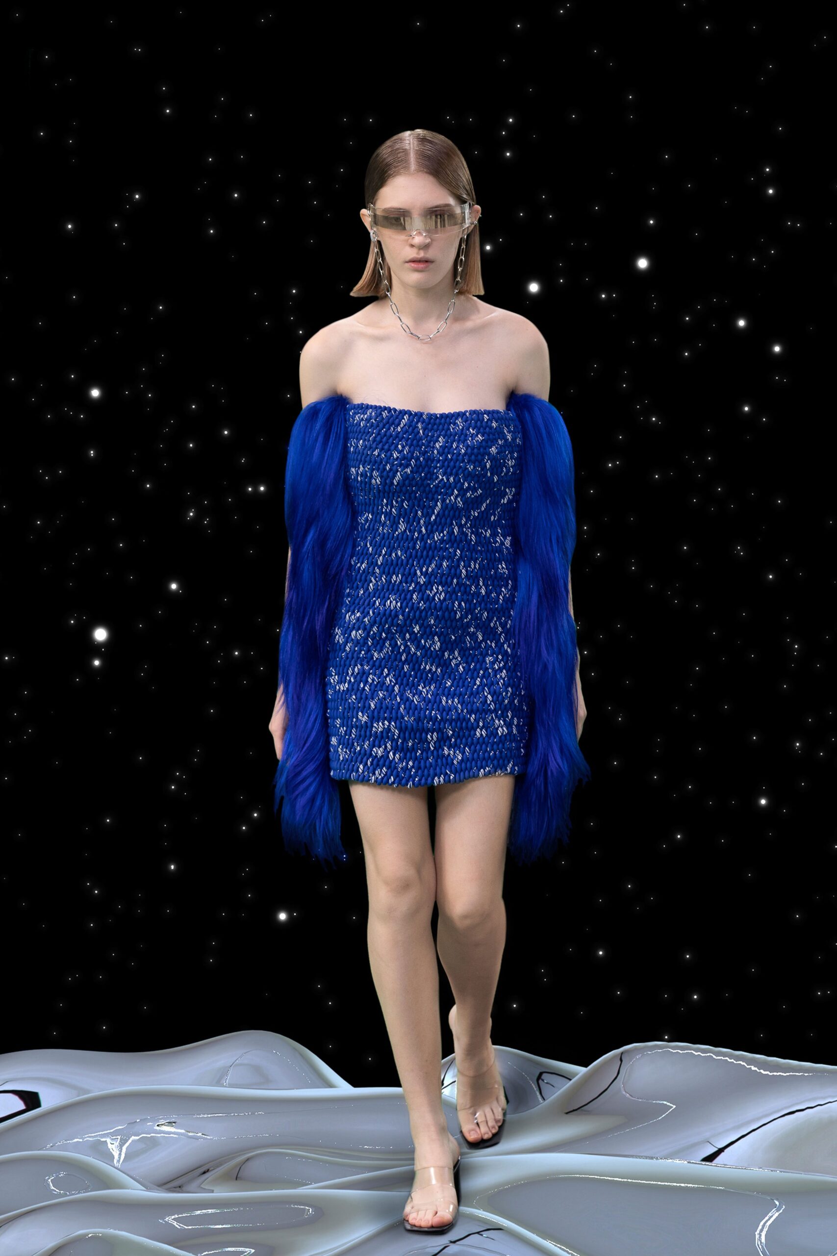 blue beaded mini dress with fur cape