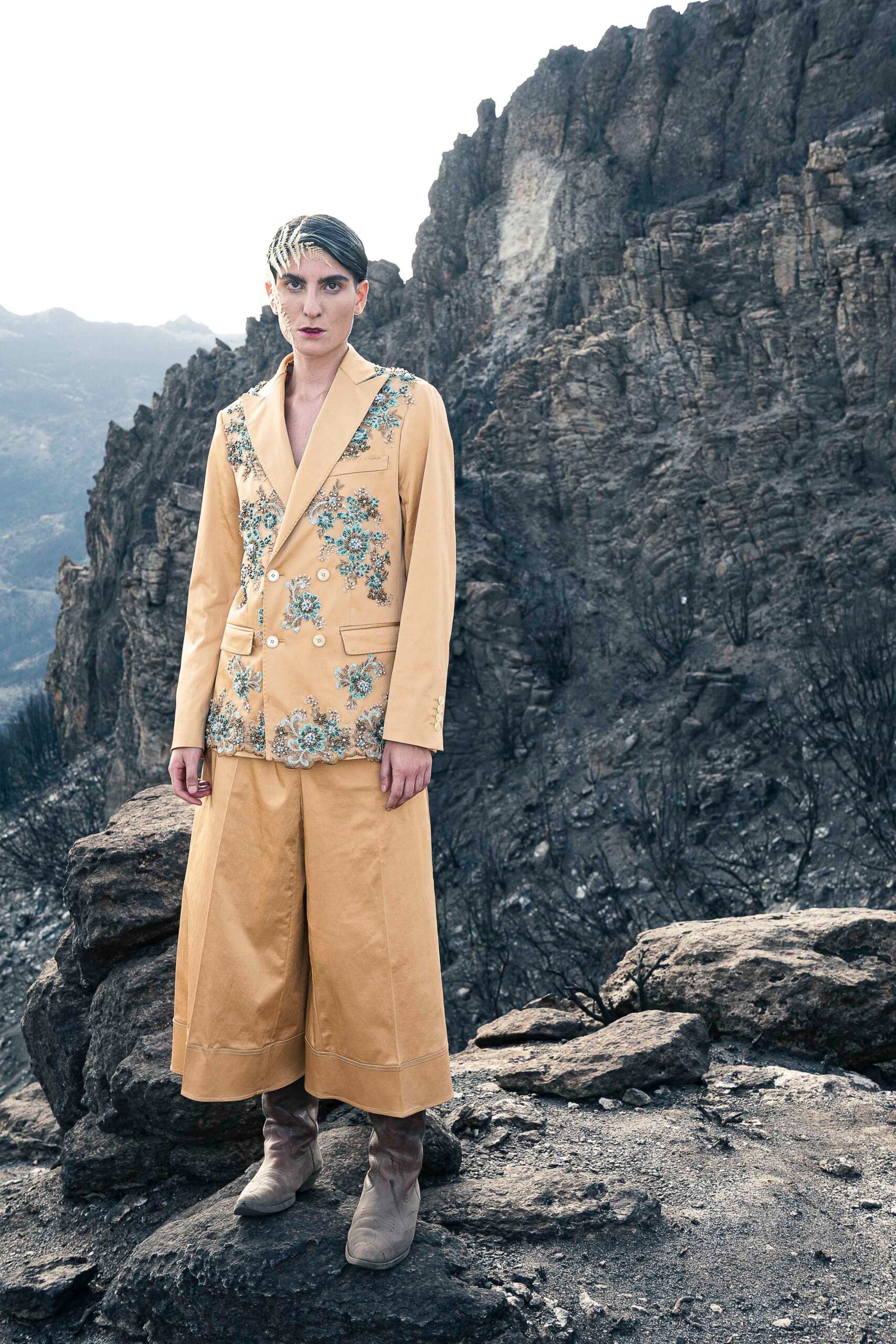 yellow embroidered suit with culottes