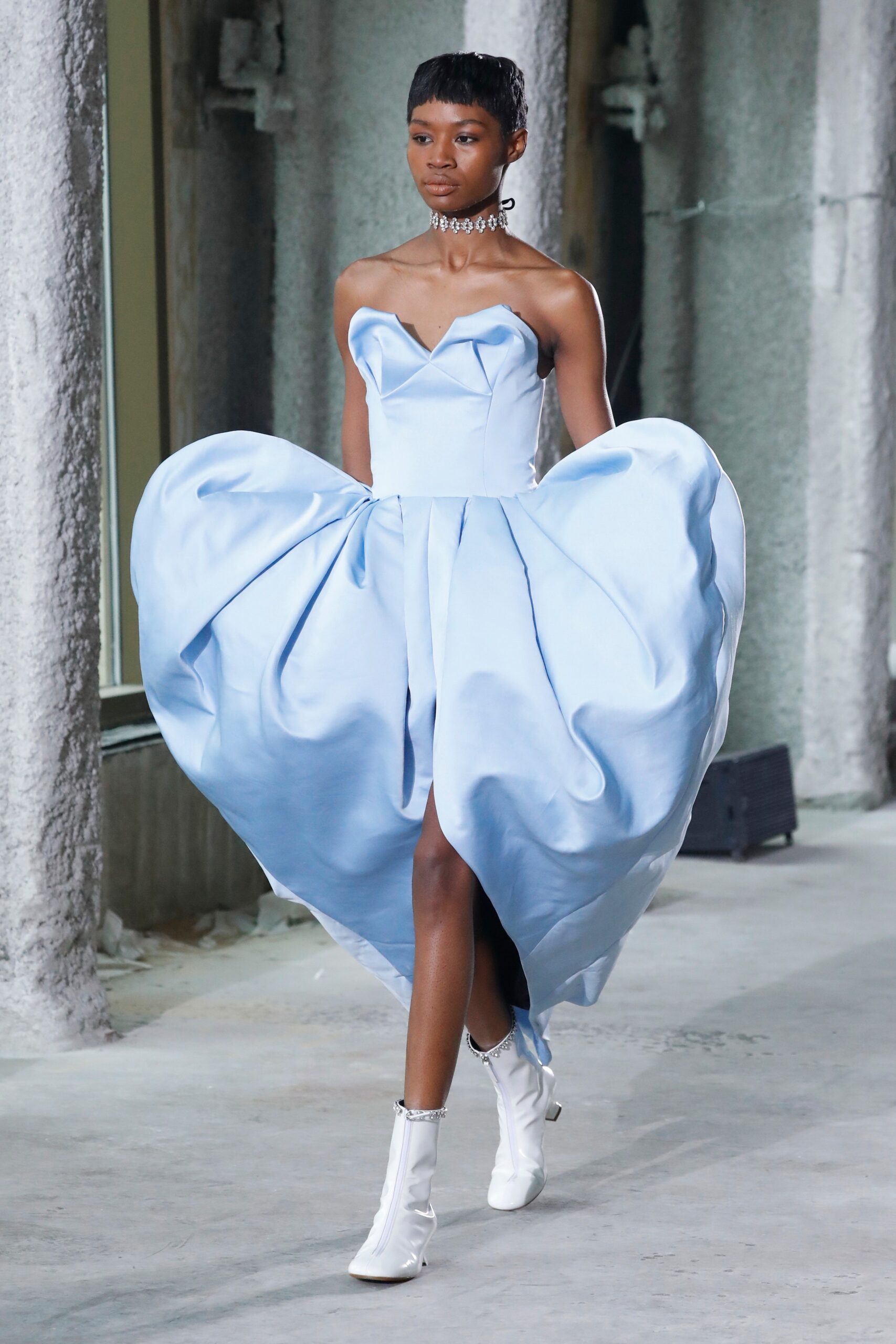 blue silk strapless dress