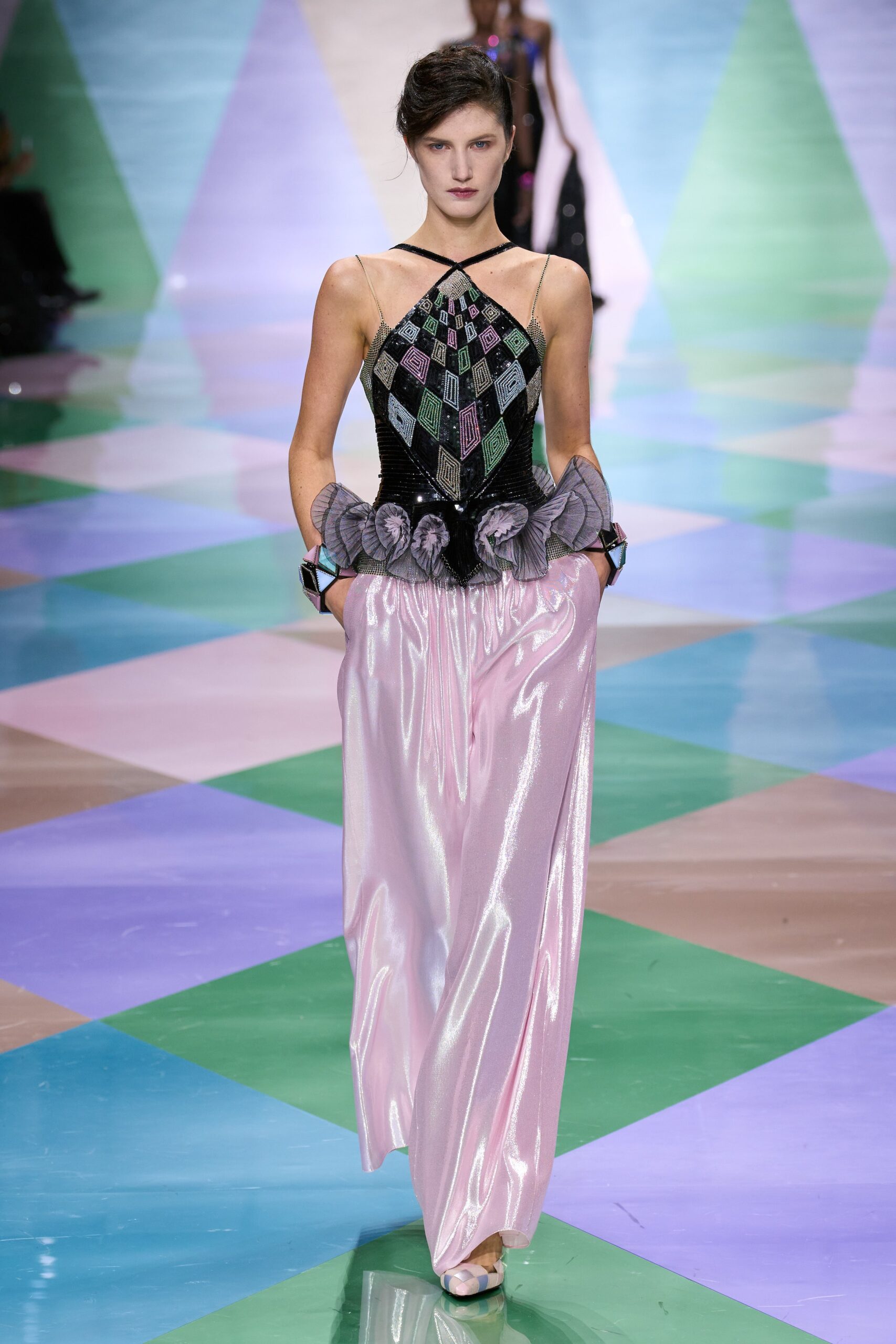 pink satin relaxed wide-leg shiny pants