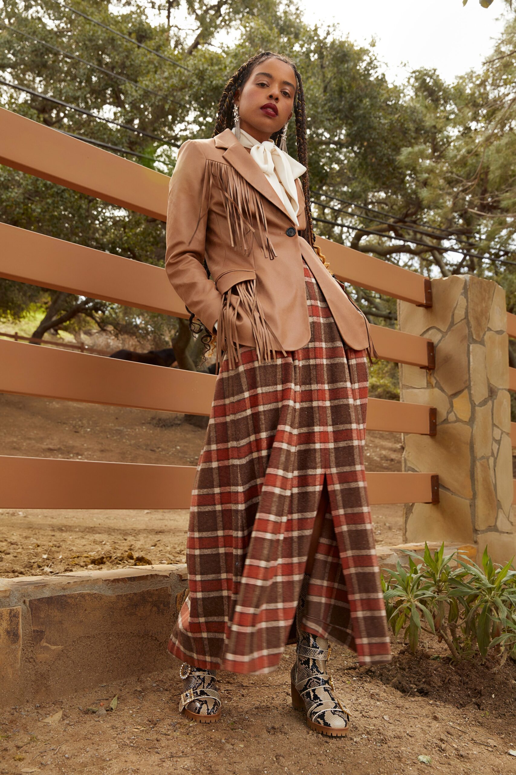 brown leather blazer with plaid skirt