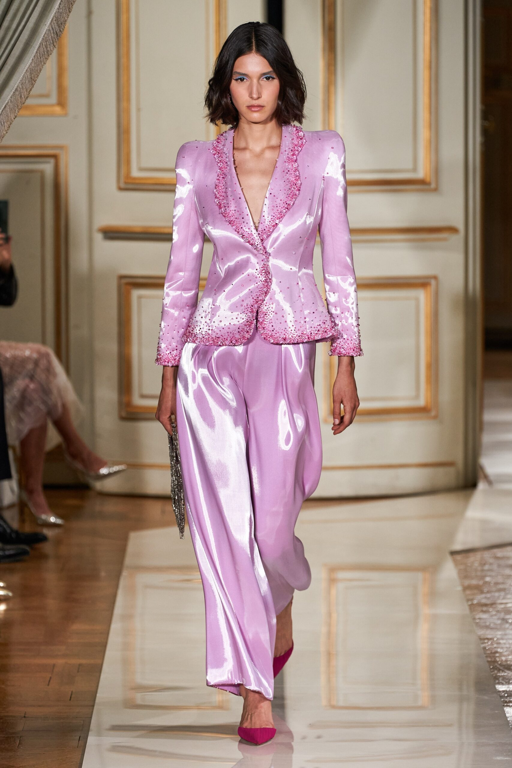 pink silk tailored blazer and pants